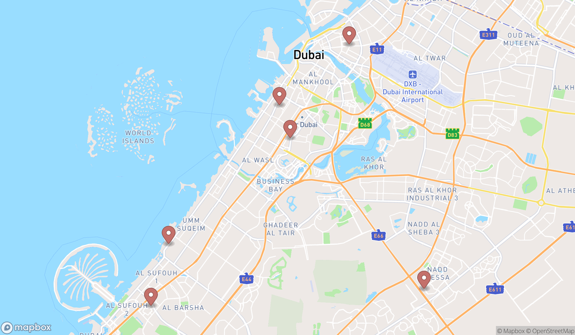 Map showing the search results in Dubai