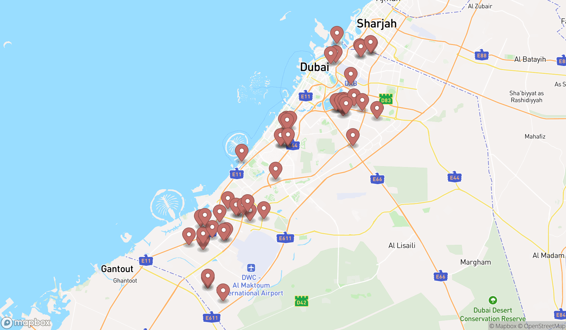 Map showing the search results in Dubai
