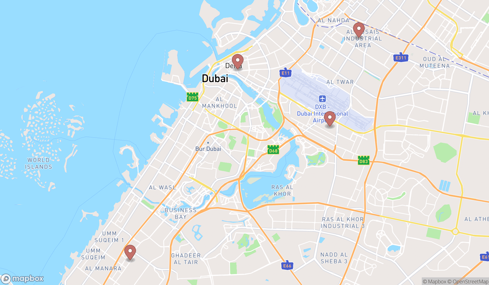 Map showing the search results in Dubai
