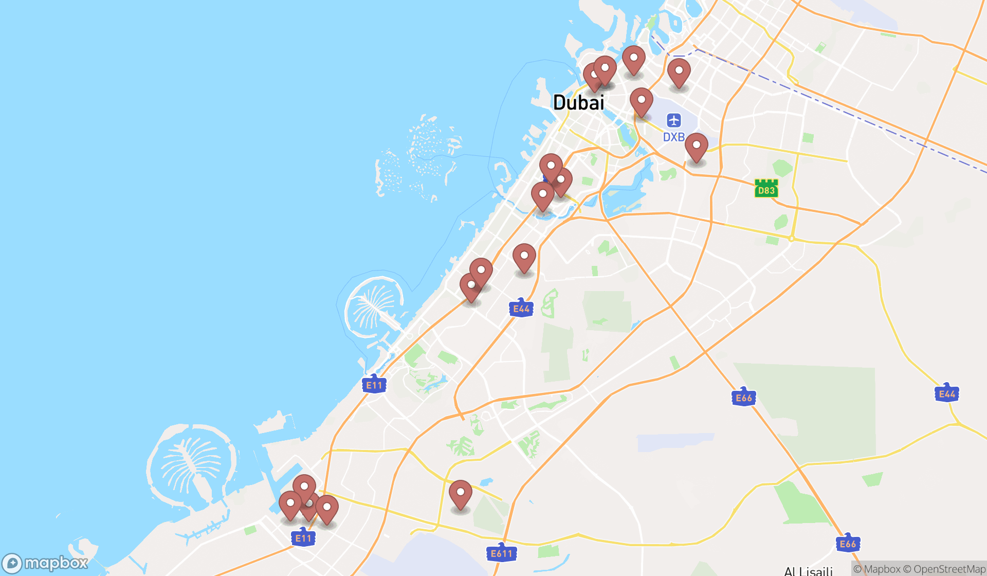 Map showing the search results in Dubai