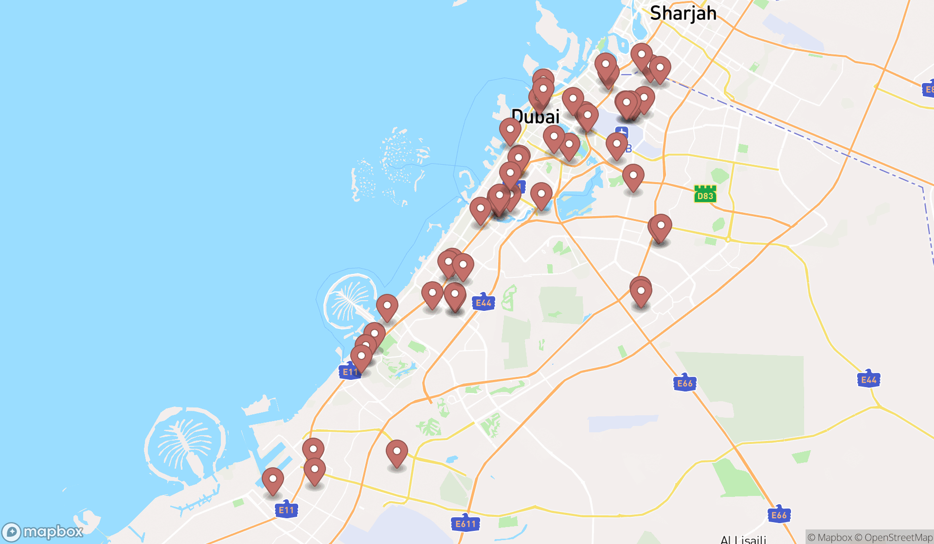 Map showing the search results in Dubai