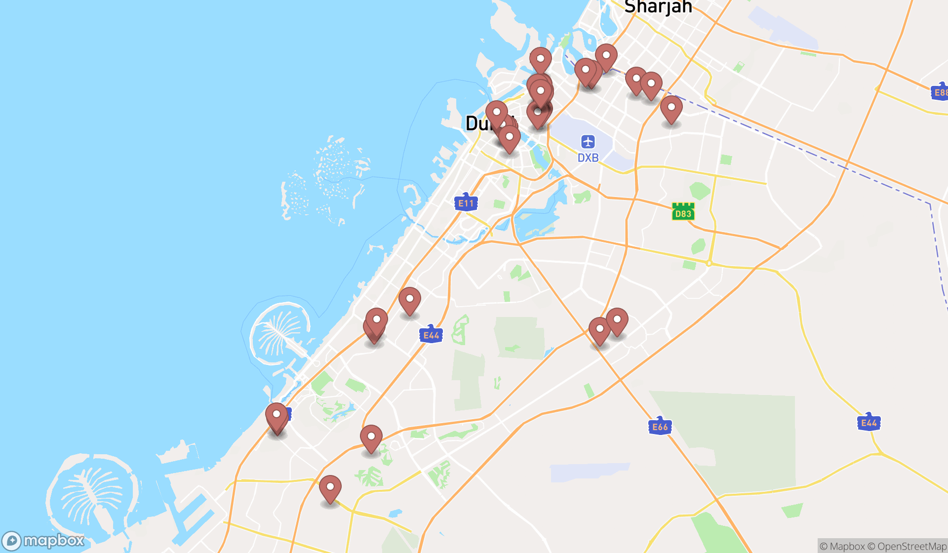 Map showing the search results in Dubai