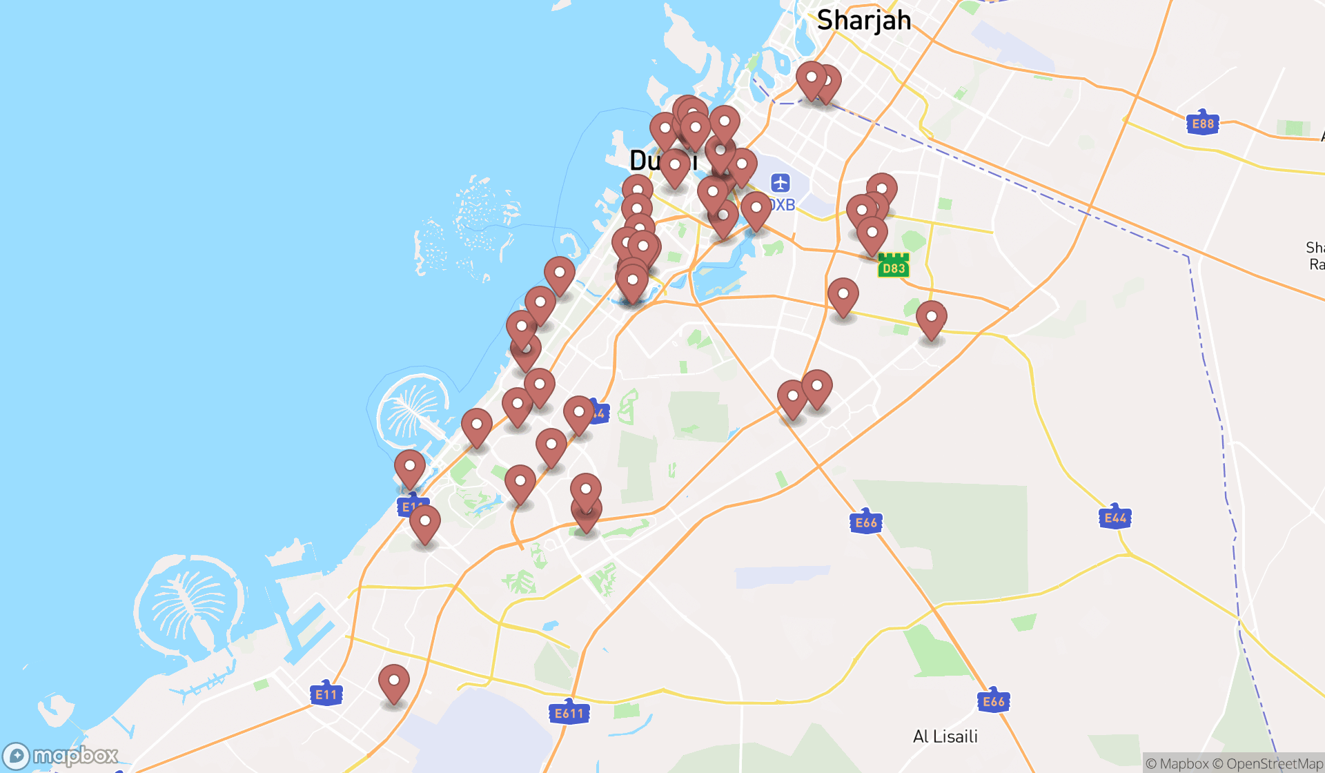 Map showing the search results in Dubai