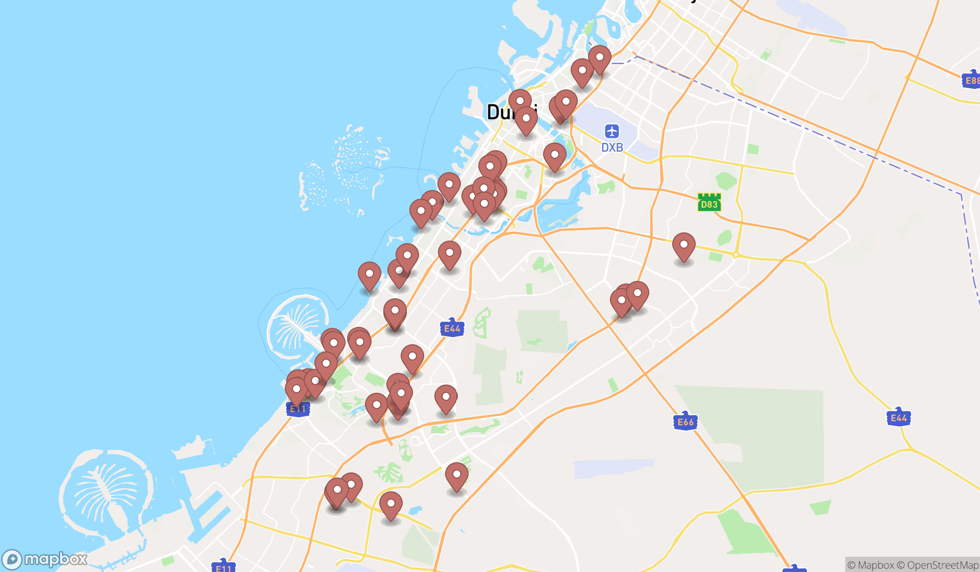 Map showing the search results in Dubai