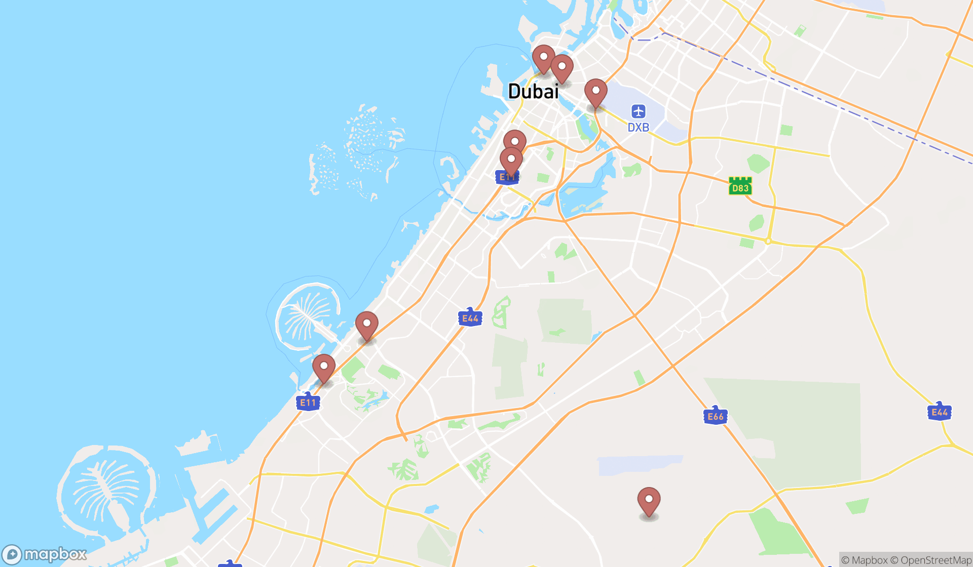 Map showing the search results in Dubai