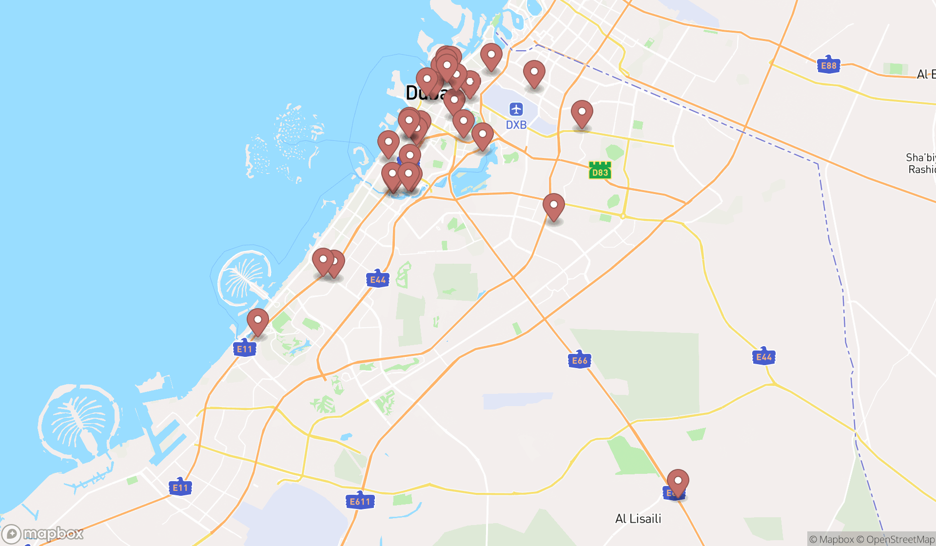 Map showing the search results in Dubai