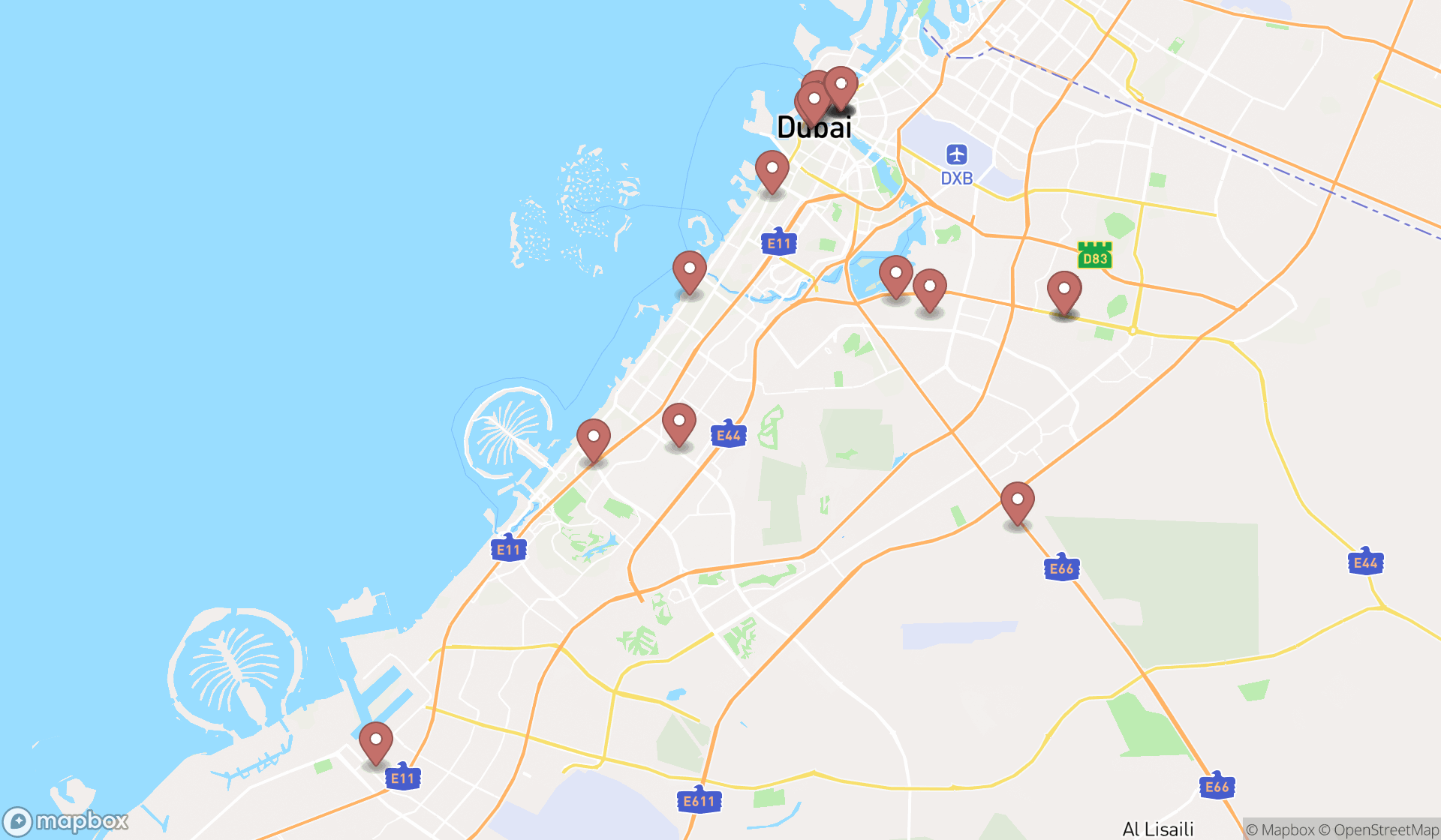 Map showing the search results in Dubai
