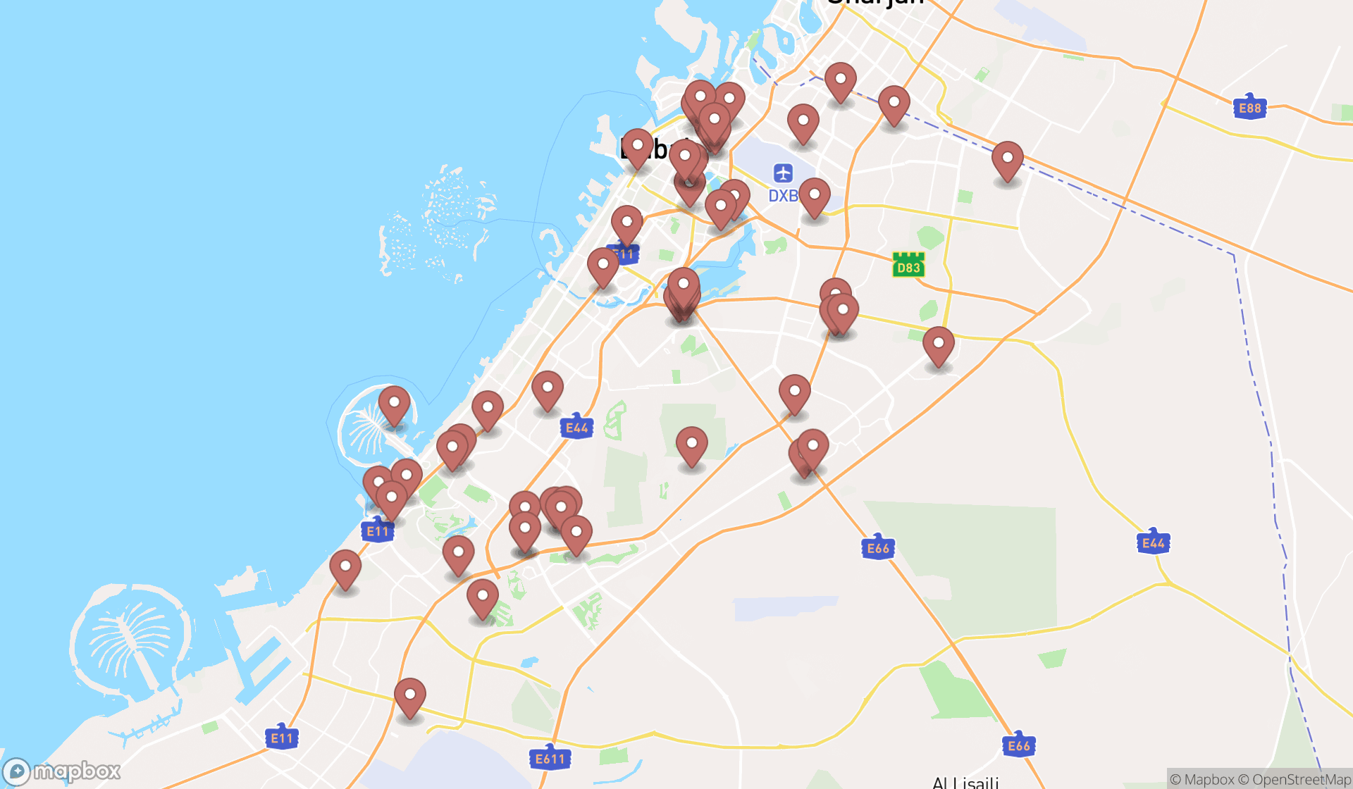 Map showing the search results in Dubai