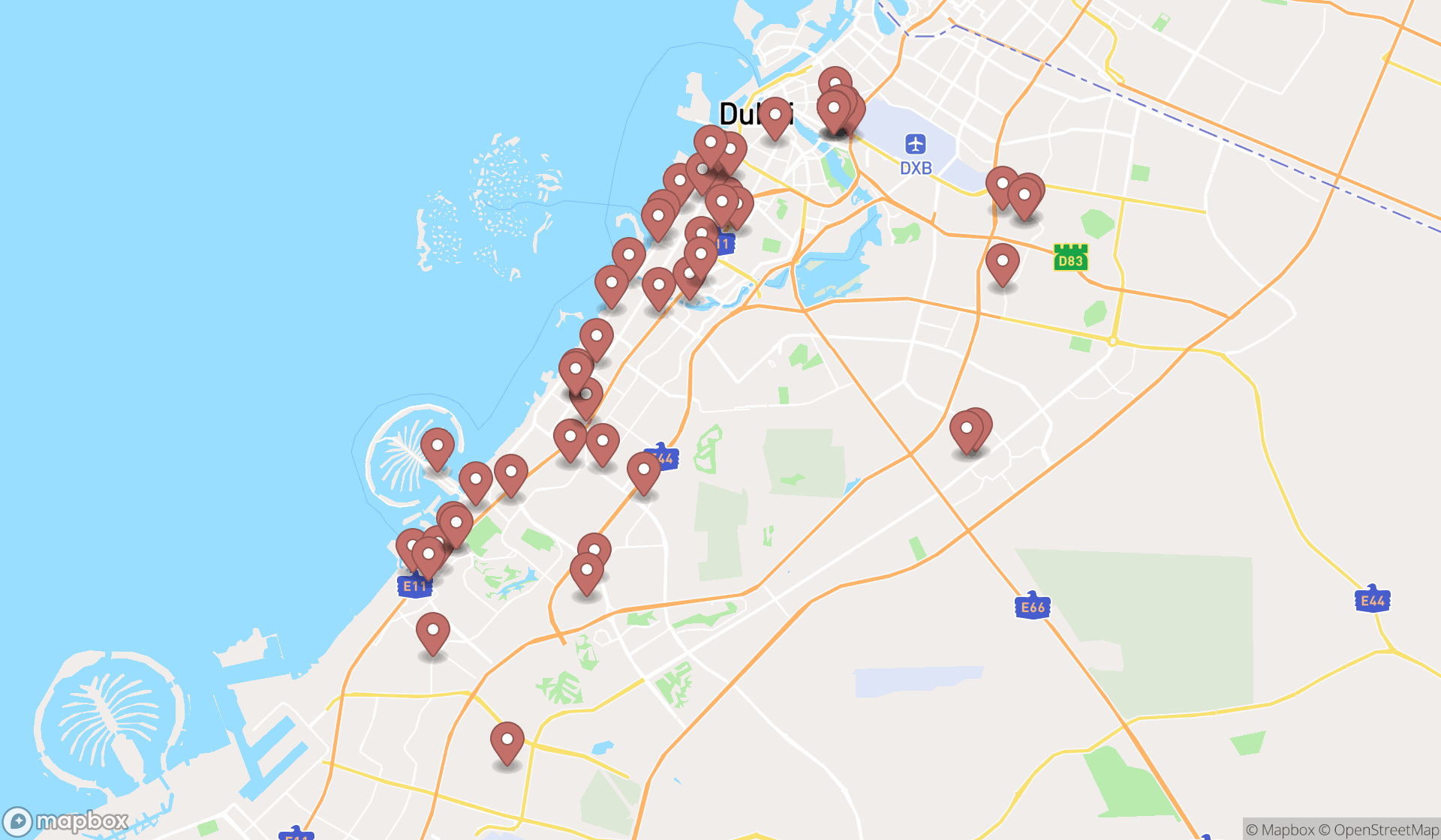 Map showing the search results in Dubai