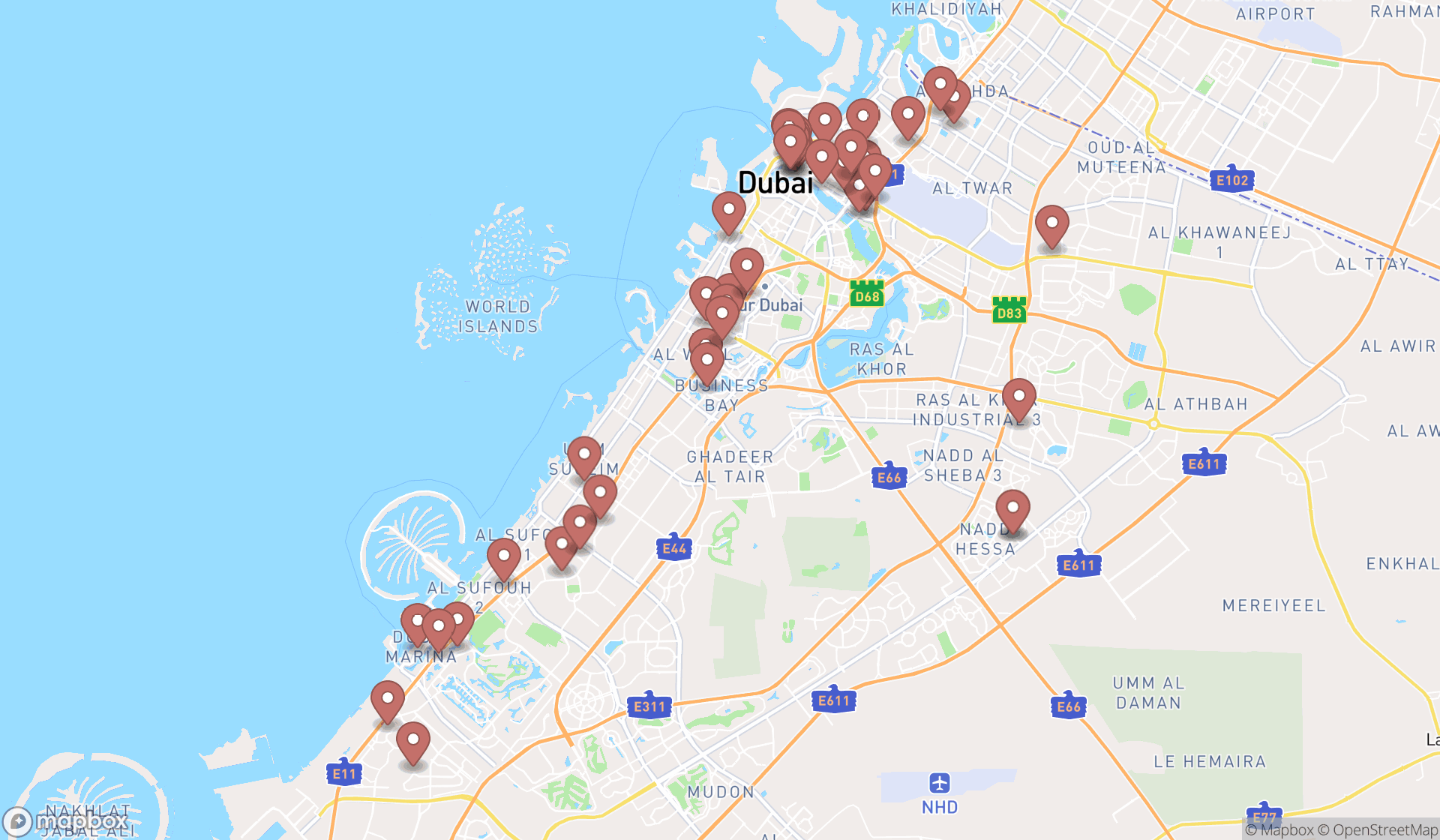 Map showing the search results in Dubai