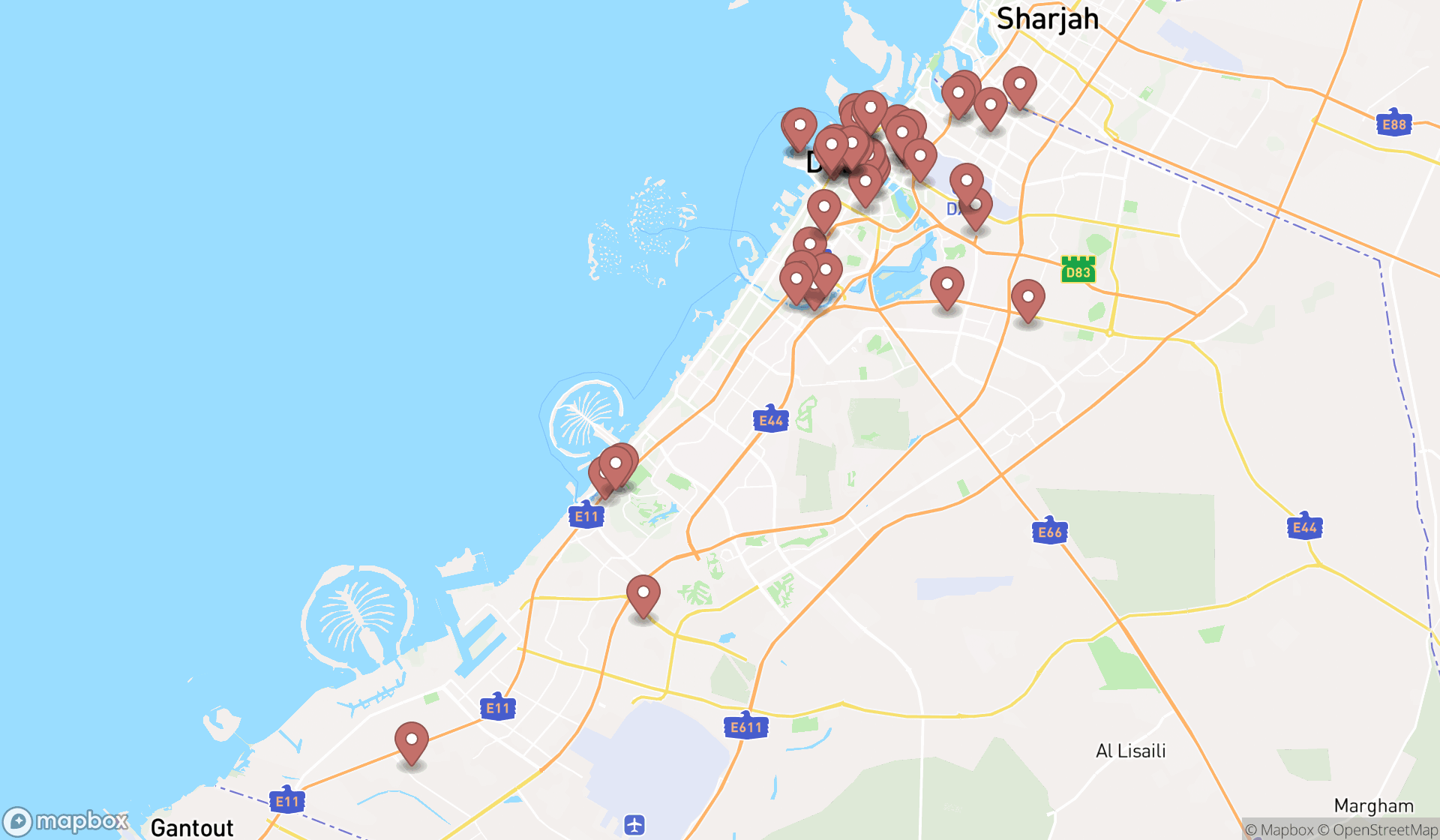 Map showing the search results in Dubai