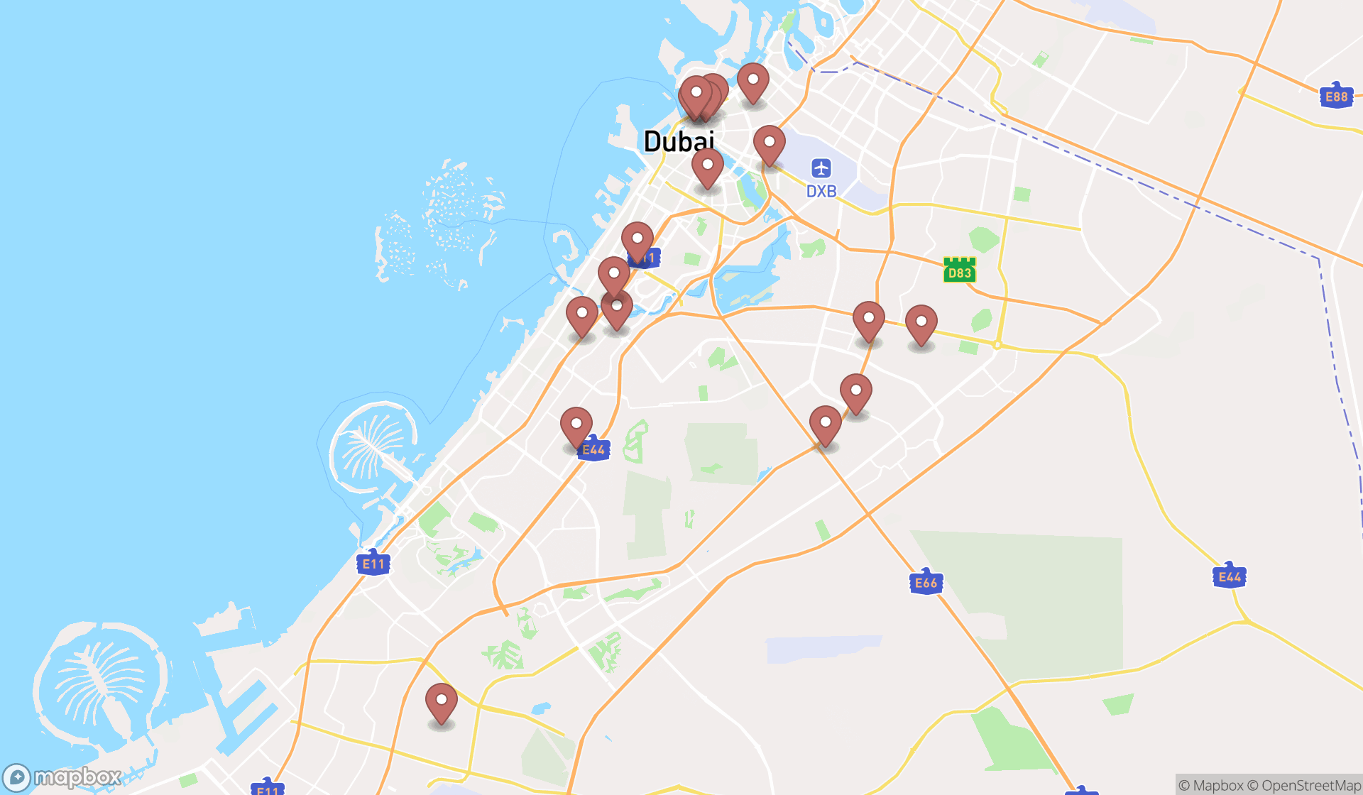 Map showing the search results in Dubai