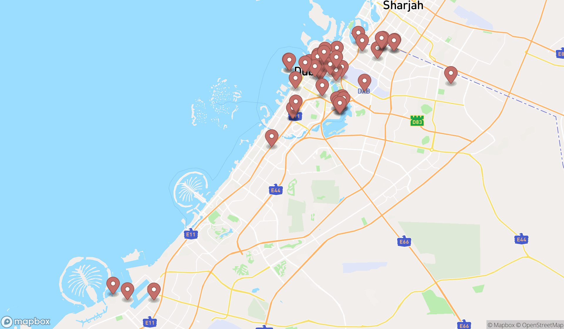 Map showing the search results in Dubai