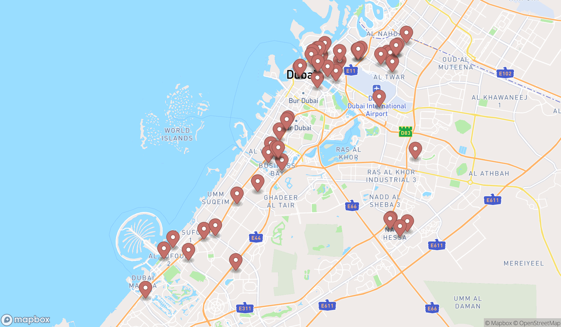 Map showing the search results in Dubai