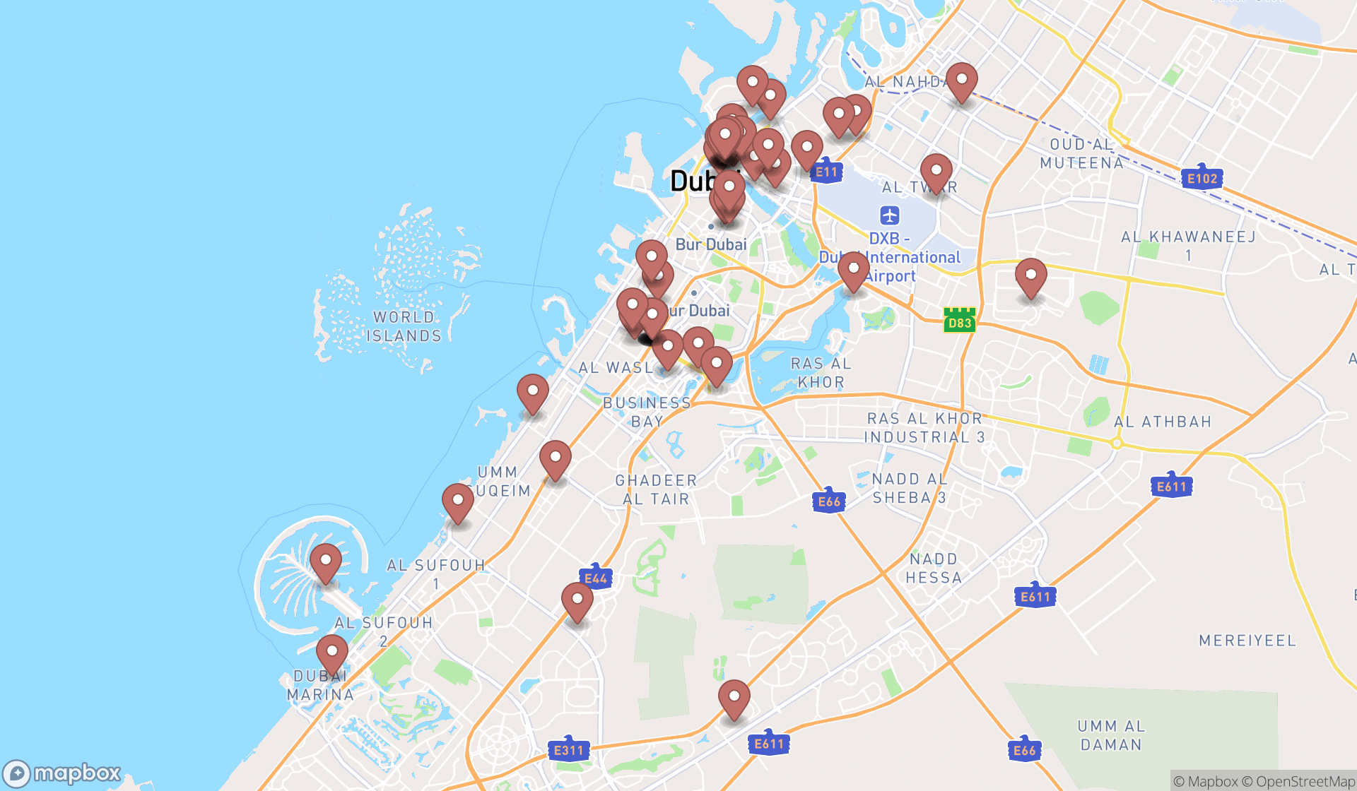 Map showing the search results in Dubai