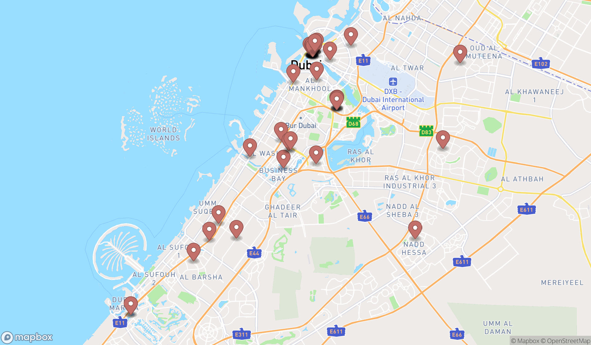 Map showing the search results in Dubai