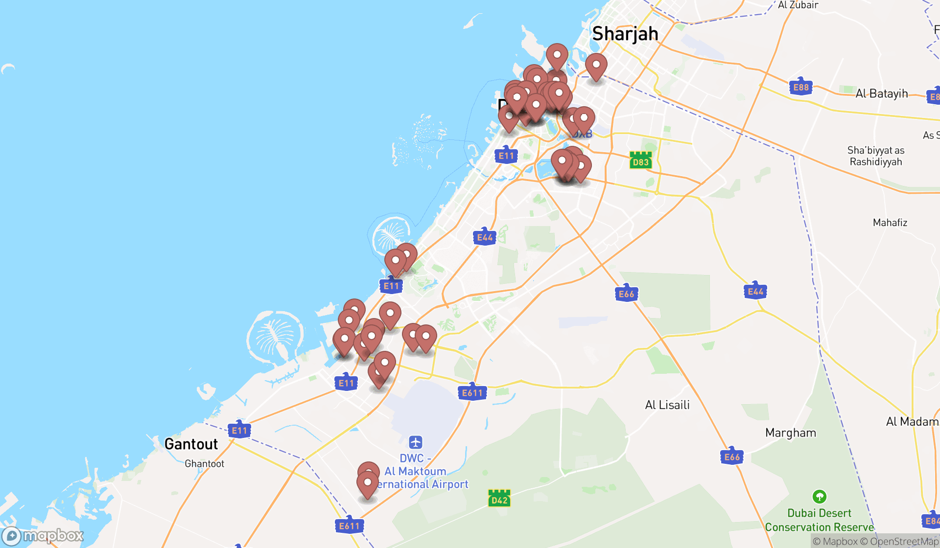 Map showing the search results in Dubai