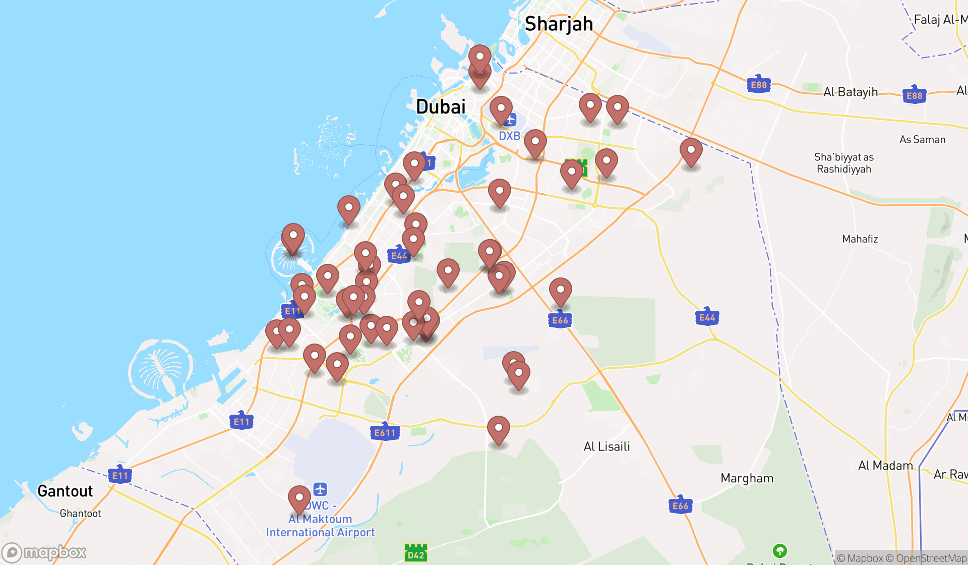 Map showing the search results in Dubai