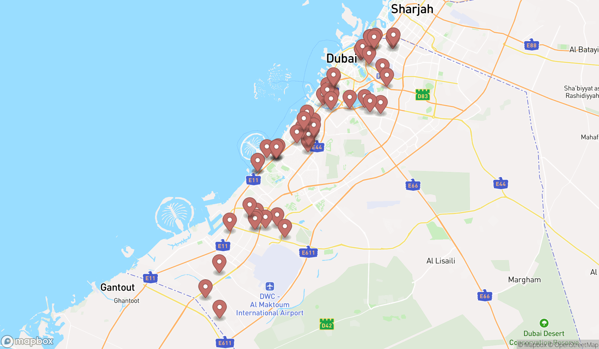 Map showing the search results in Dubai