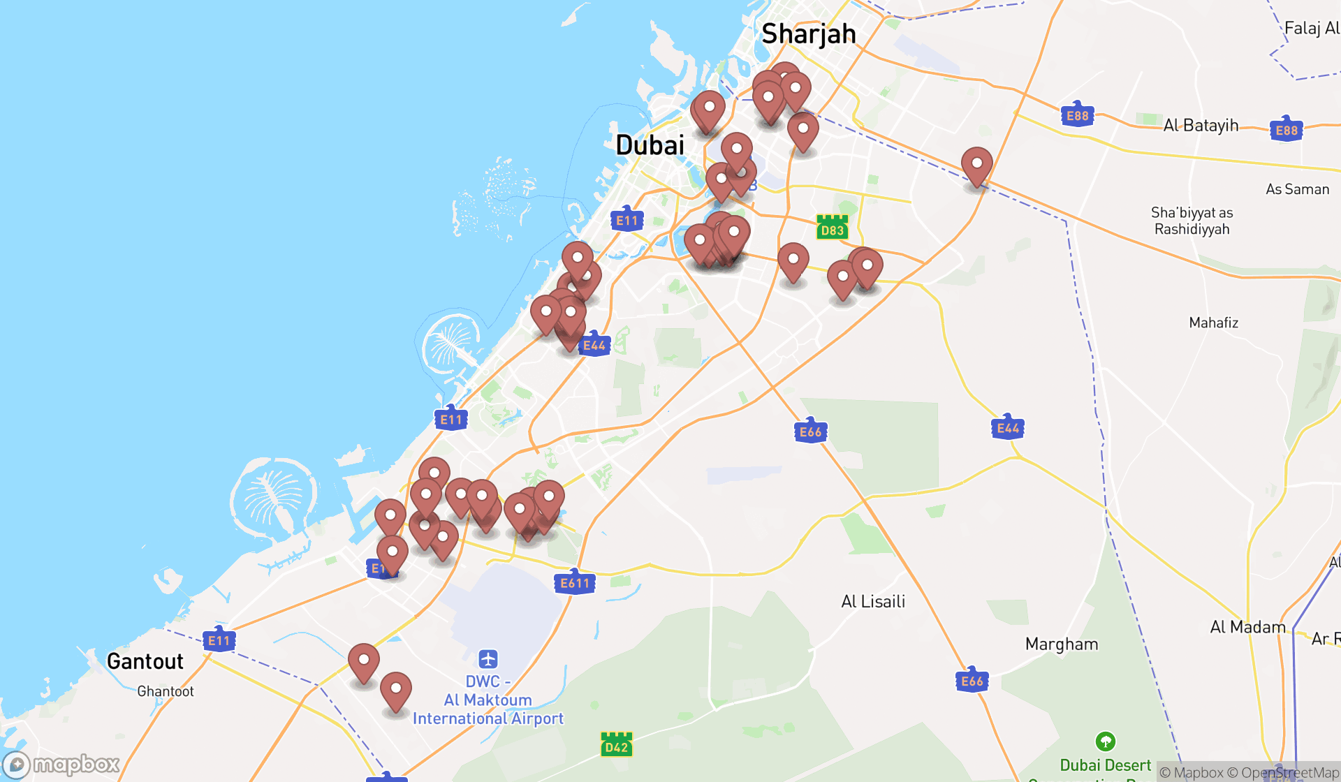 Map showing the search results in Dubai