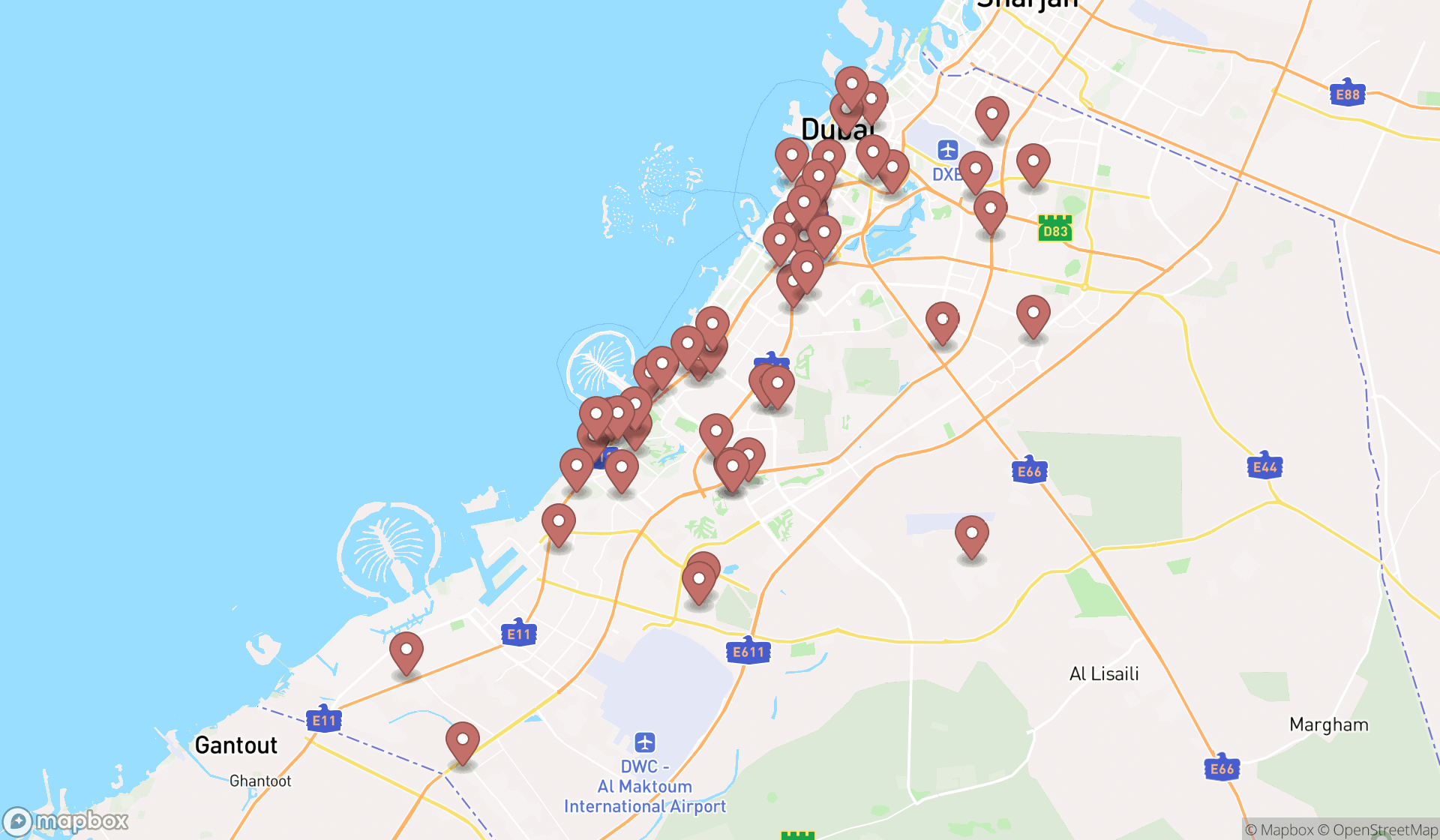 Map showing the search results in Dubai