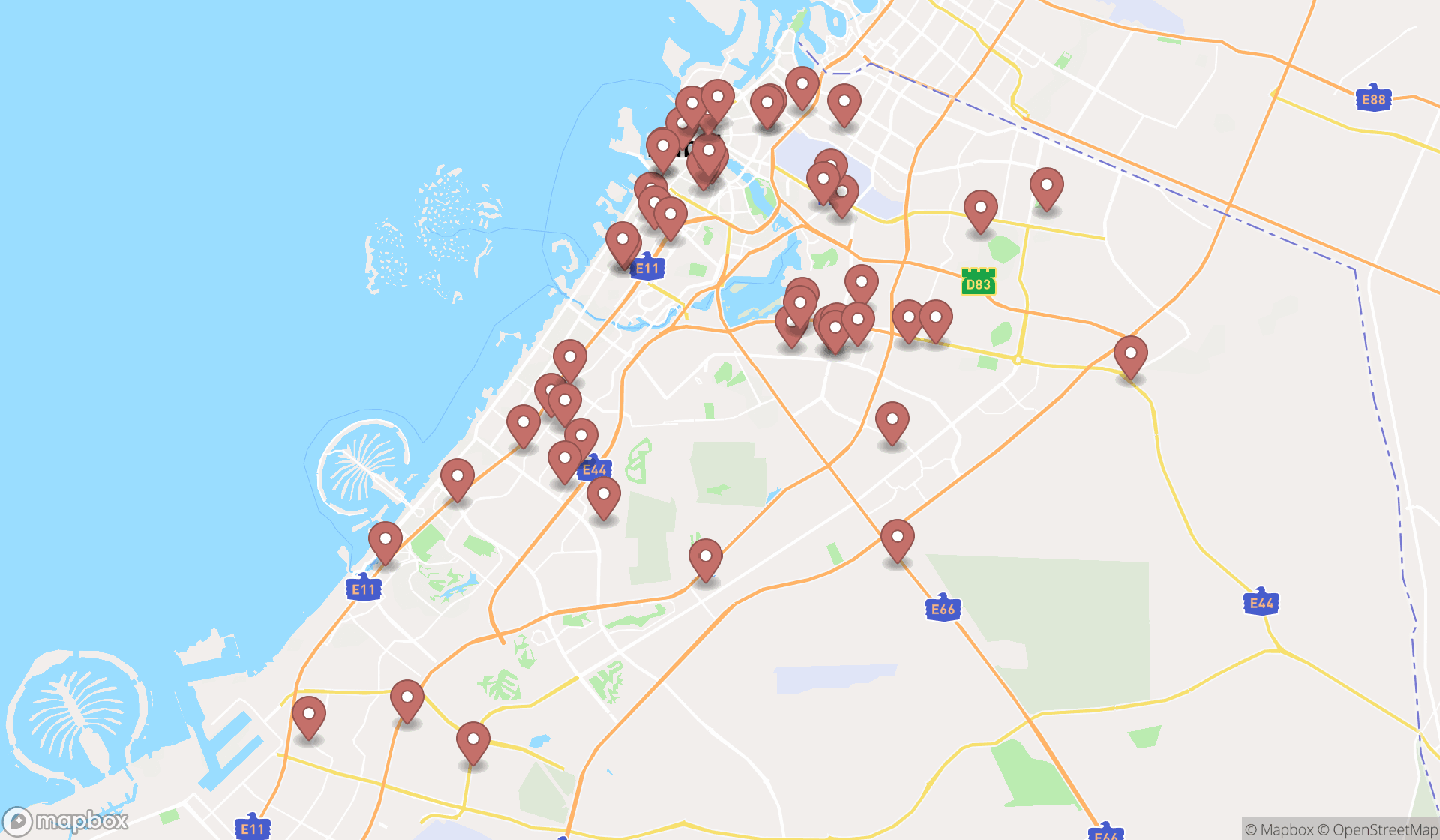 Map showing the search results in Dubai