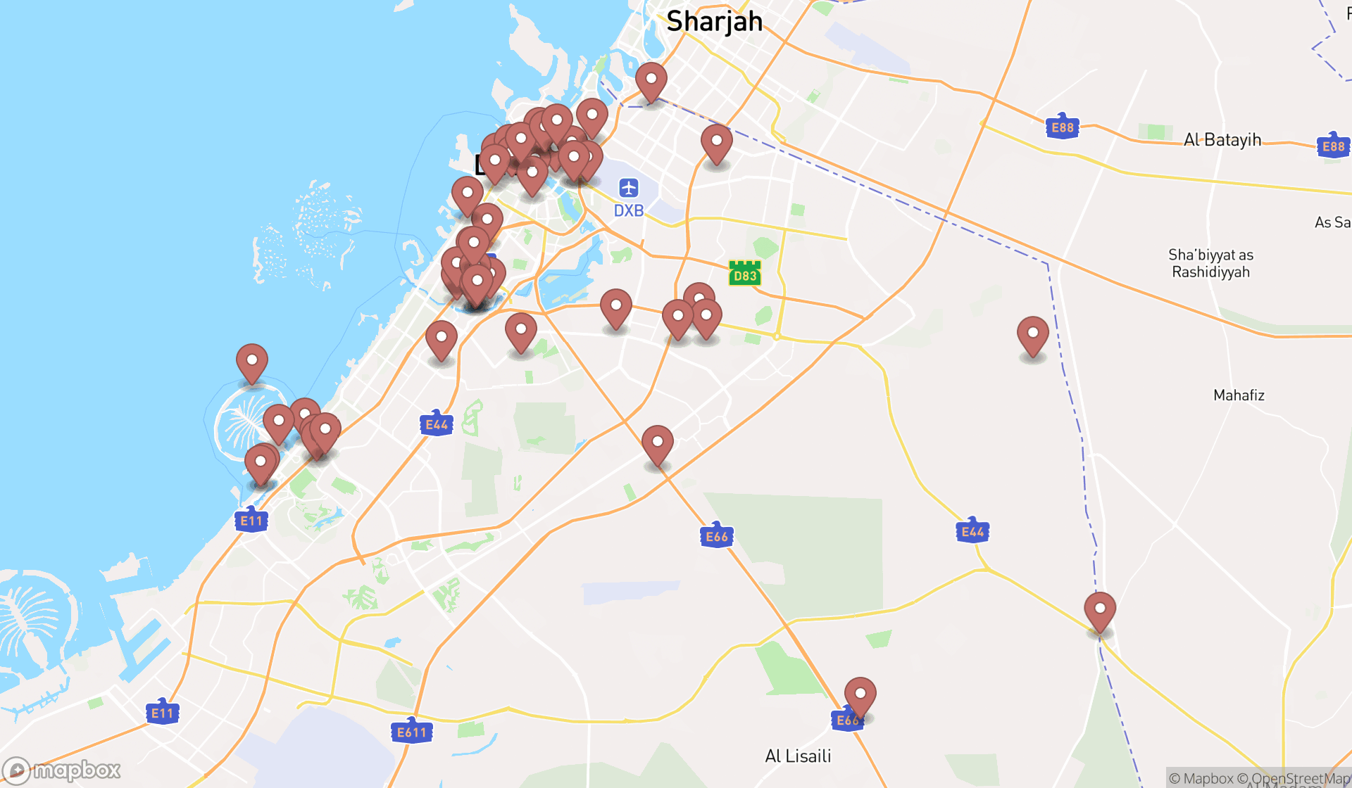 Map showing the search results in Dubai