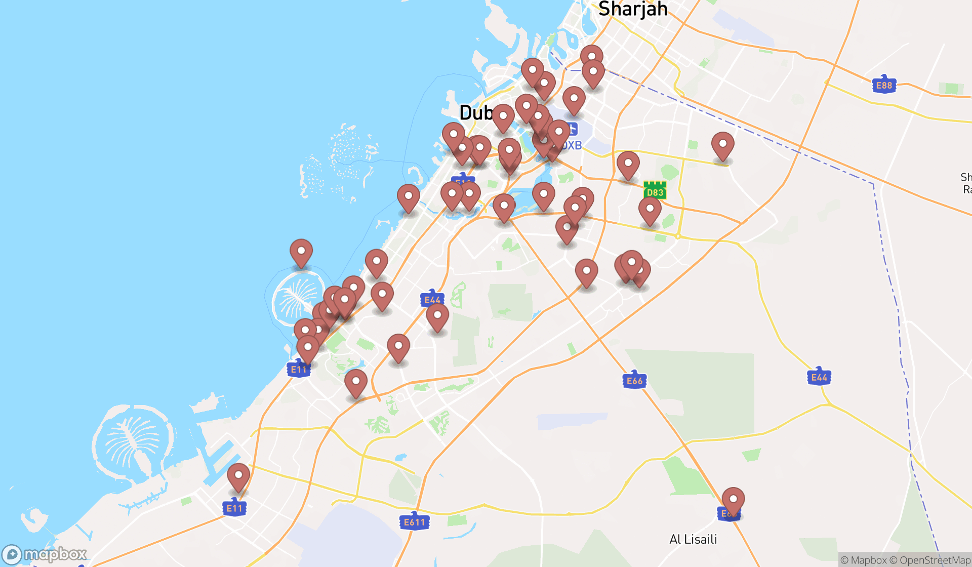 Map showing the search results in Dubai
