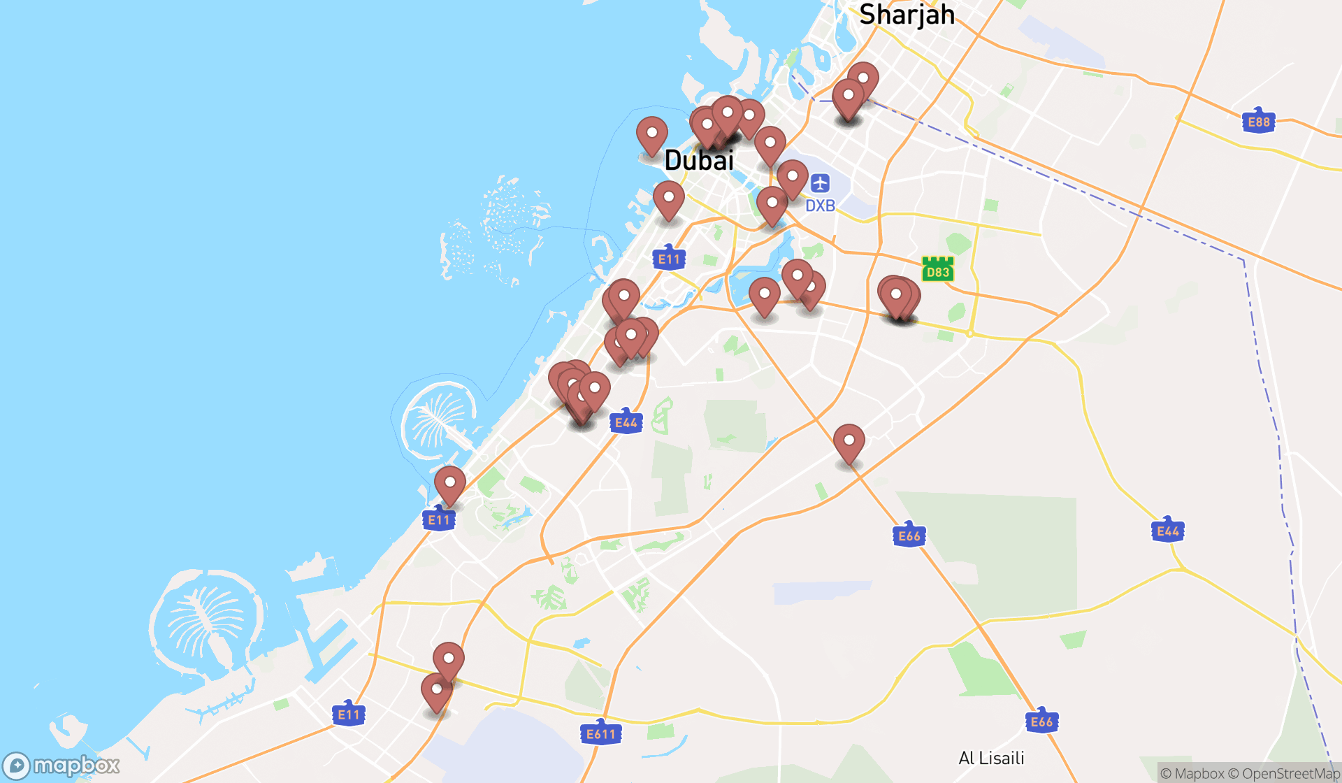 Map showing the search results in Dubai