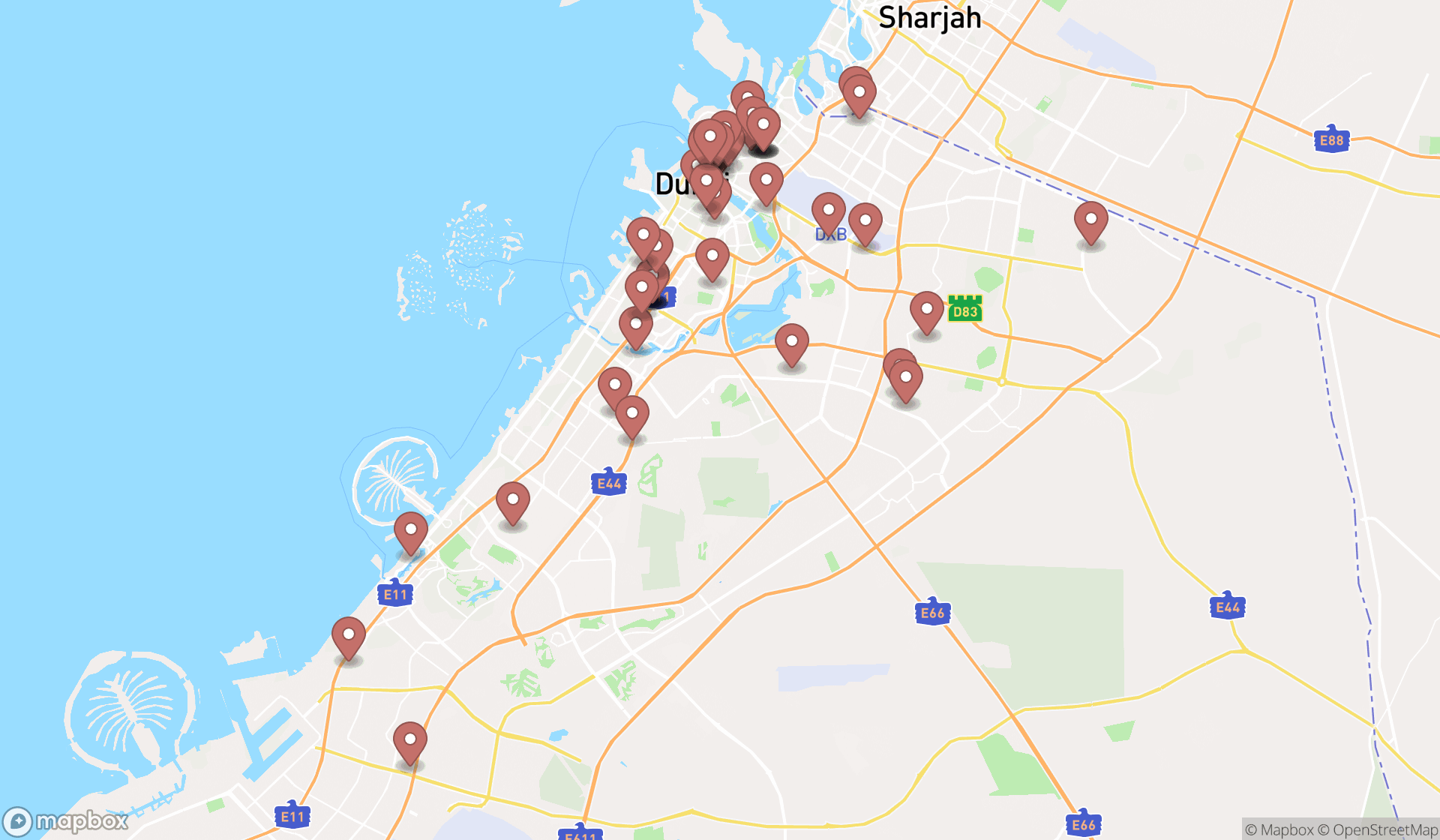 Map showing the search results in Dubai