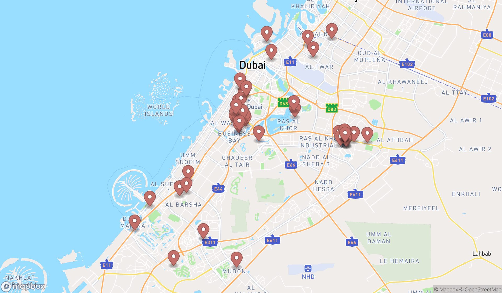 Map showing the search results in Dubai