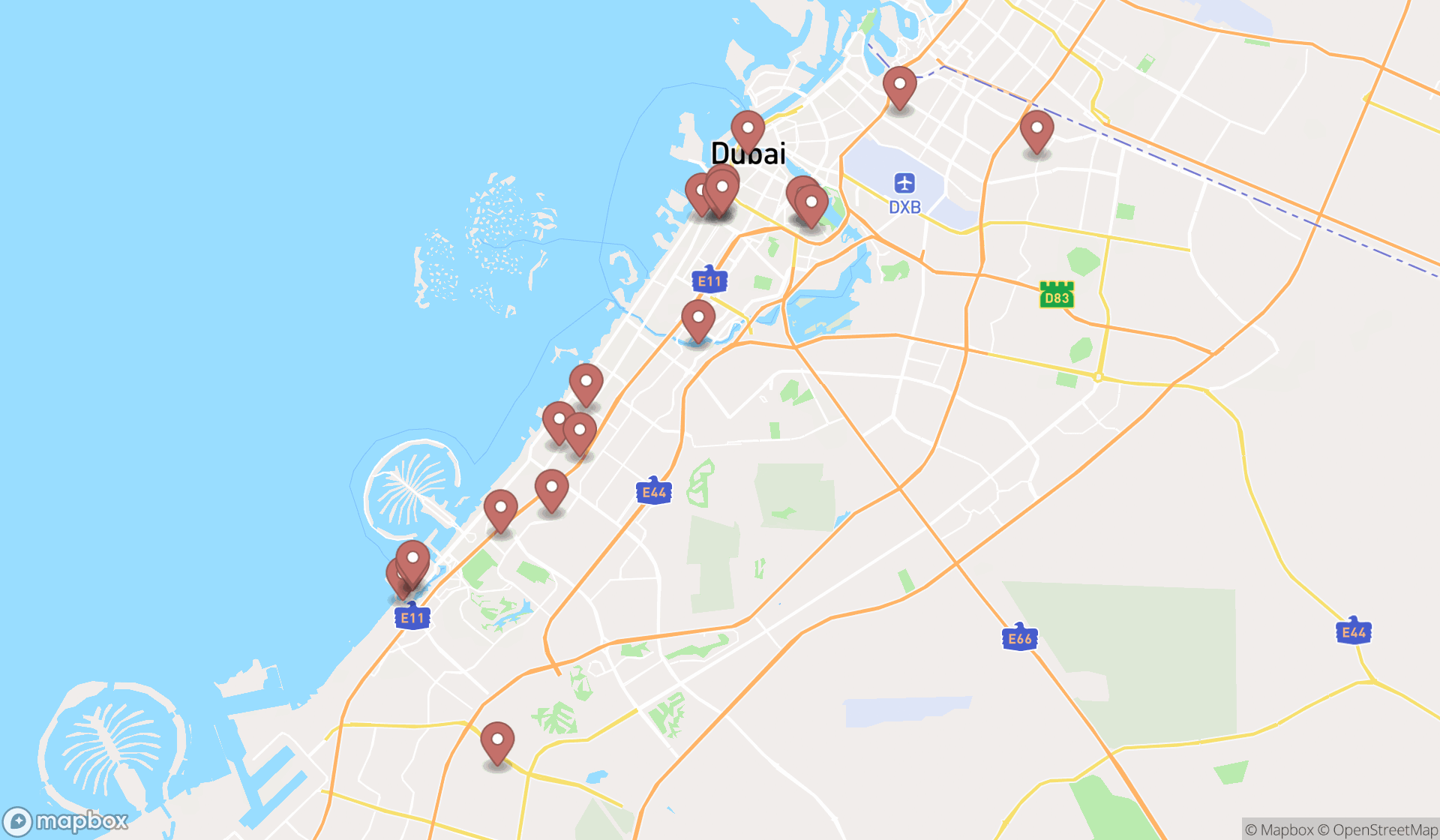 Map showing the search results in Dubai