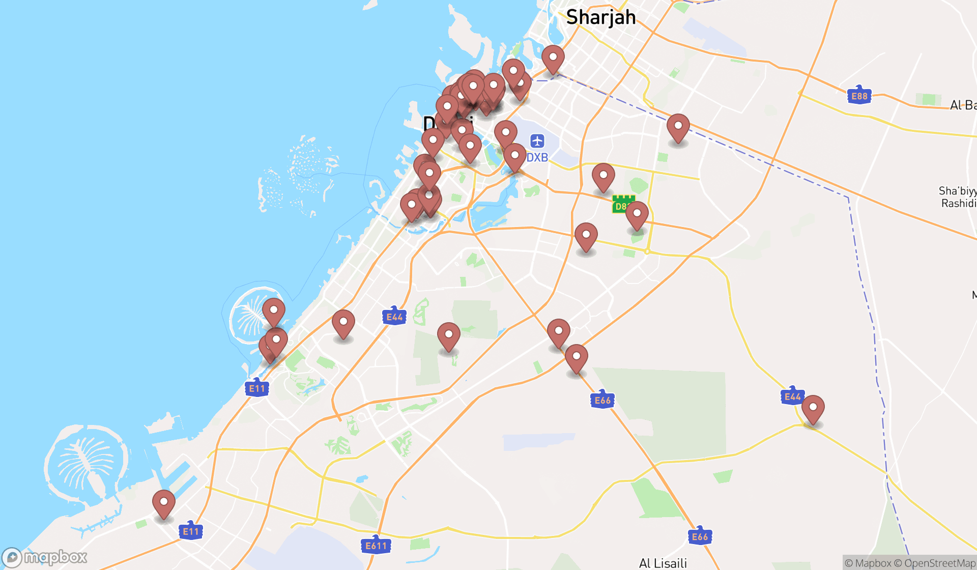 Map showing the search results in Dubai