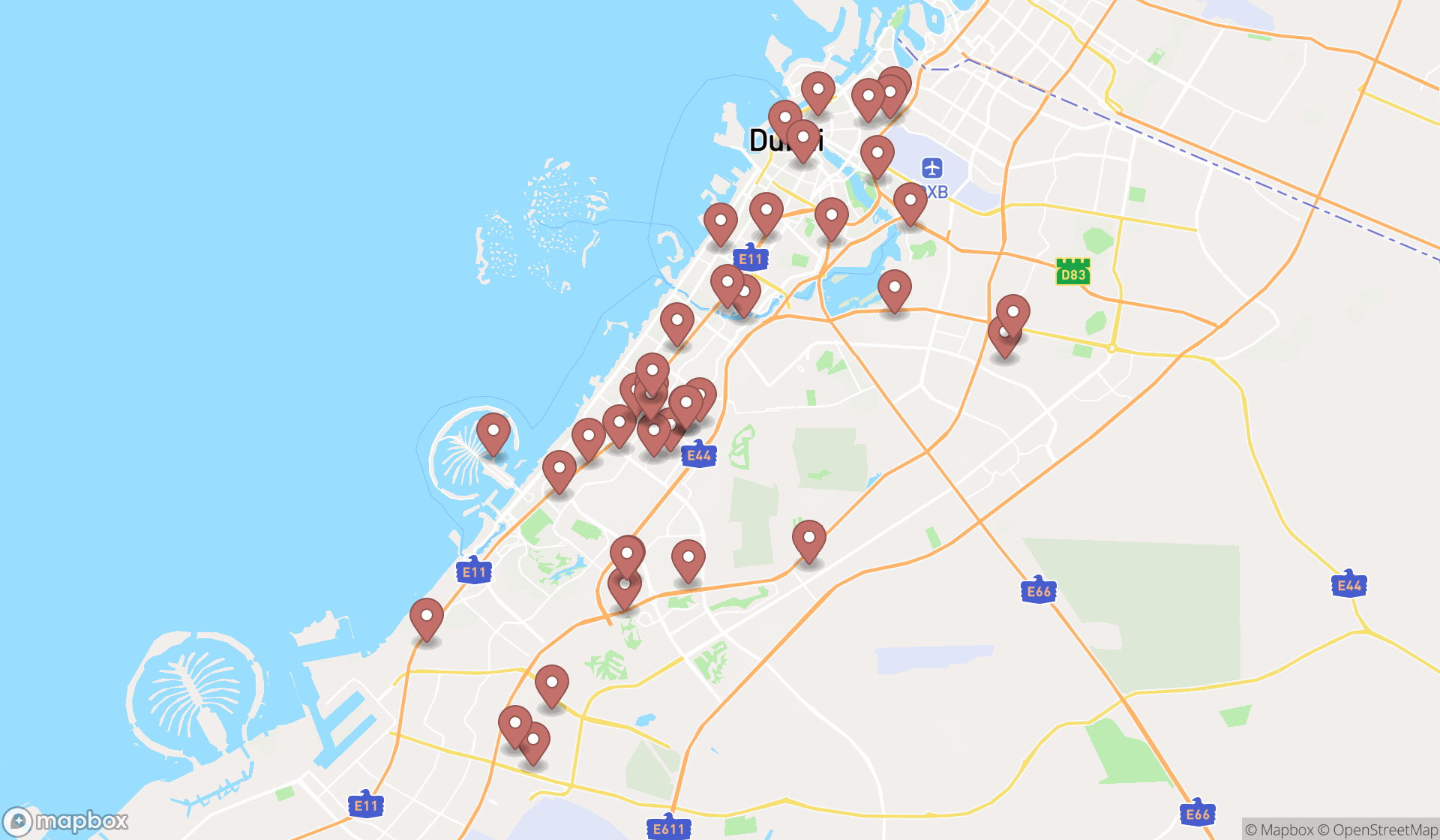 Map showing the search results in Dubai
