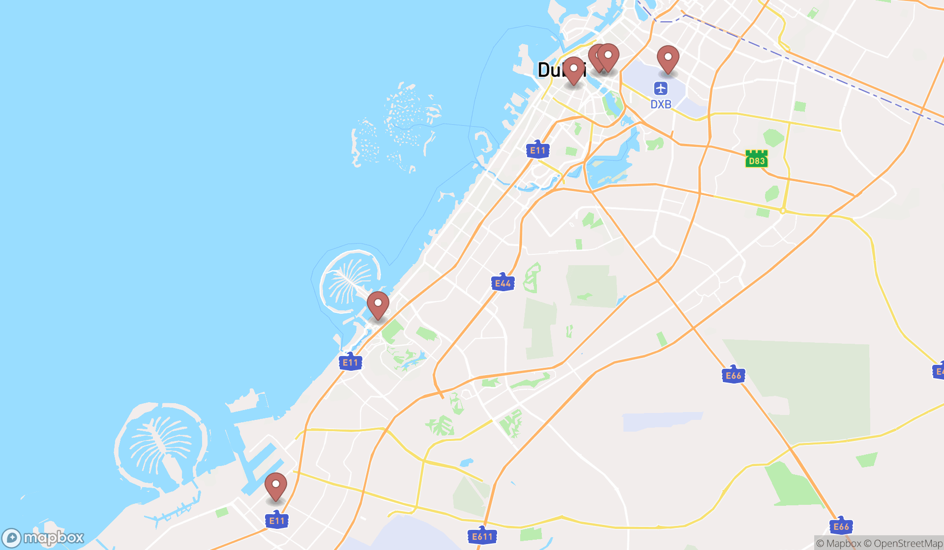 Map showing the search results in Dubai