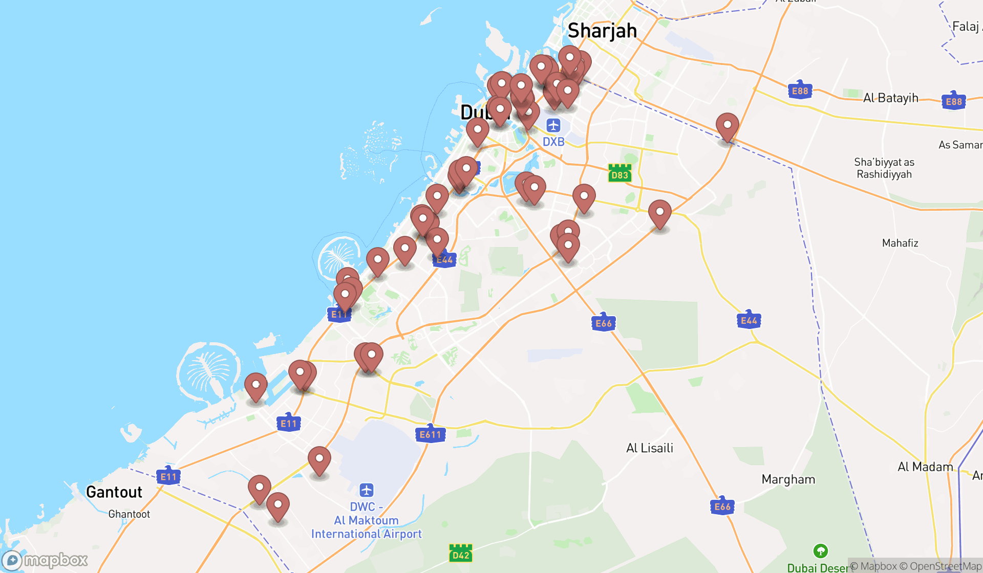 Map showing the search results in Dubai