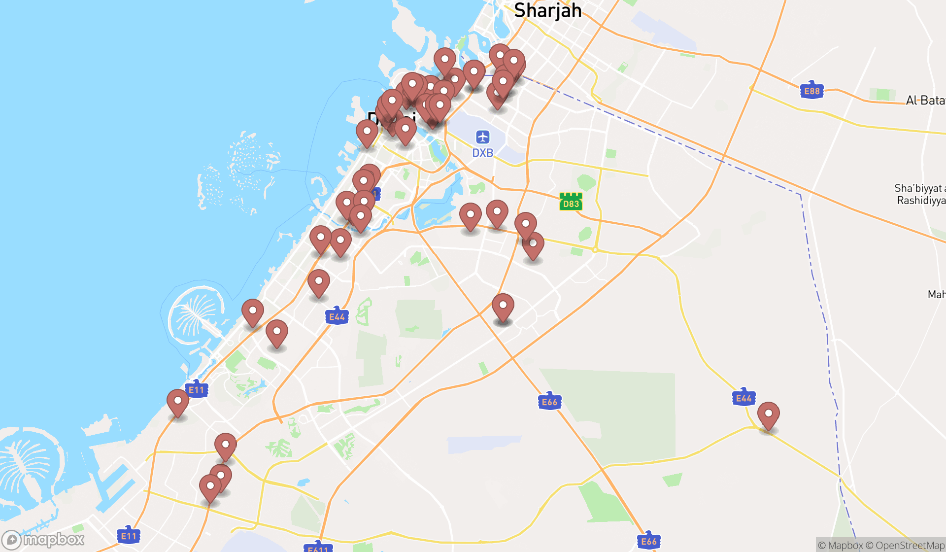 Map showing the search results in Dubai