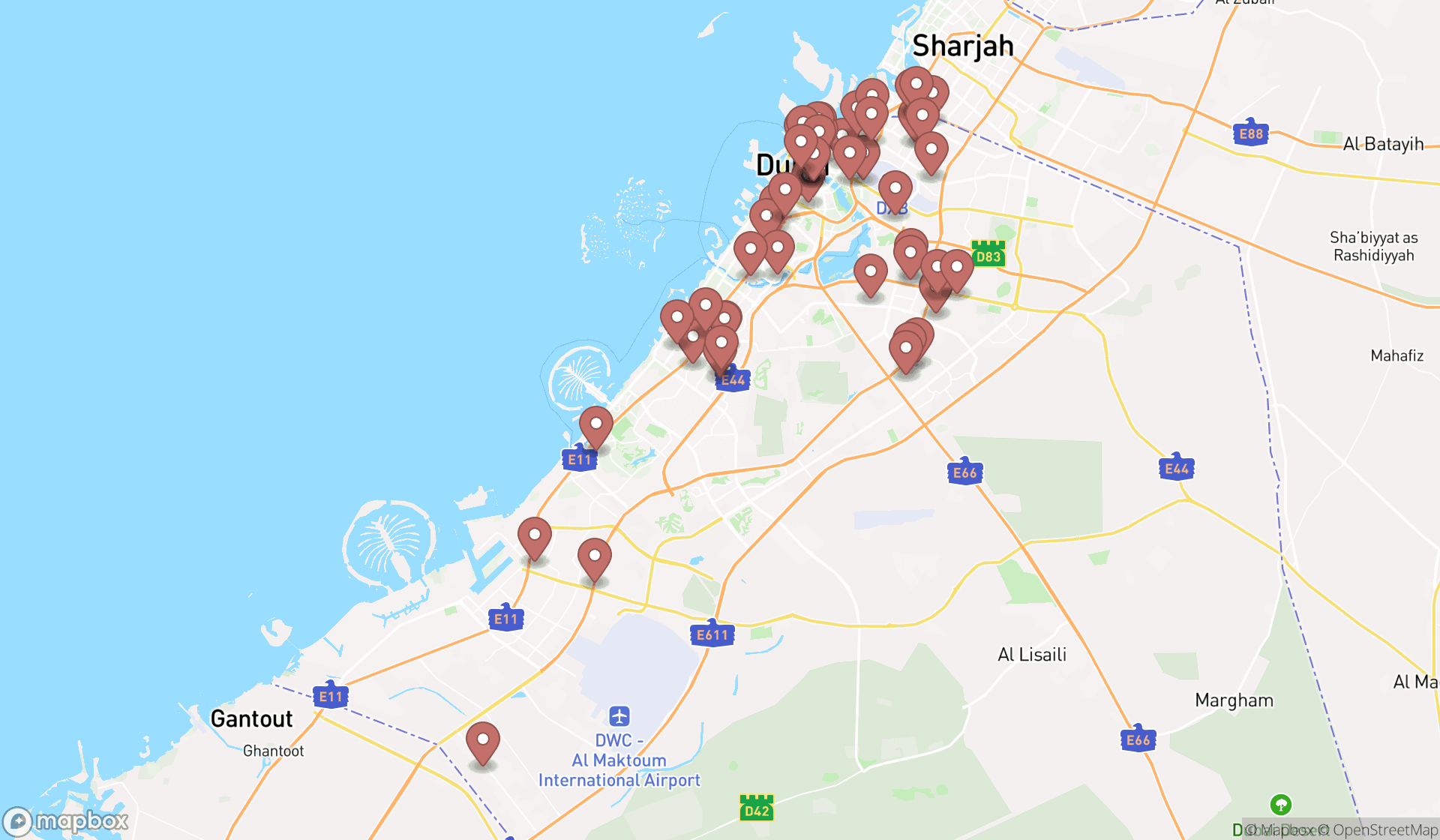 Map showing the search results in Dubai