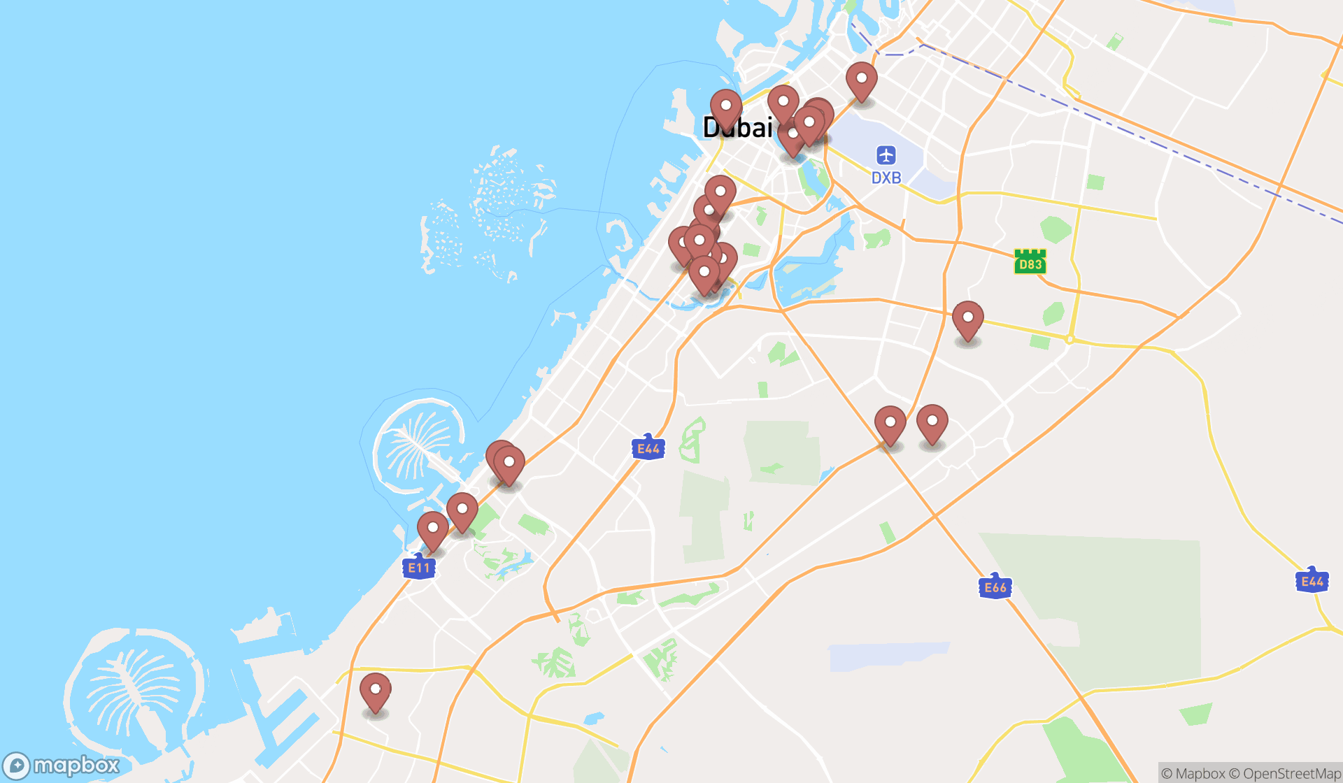 Map showing the search results in Dubai