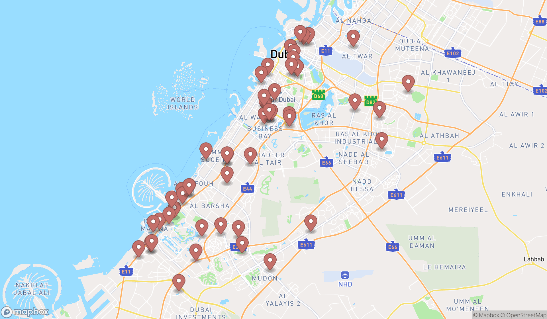 Map showing the search results in Dubai