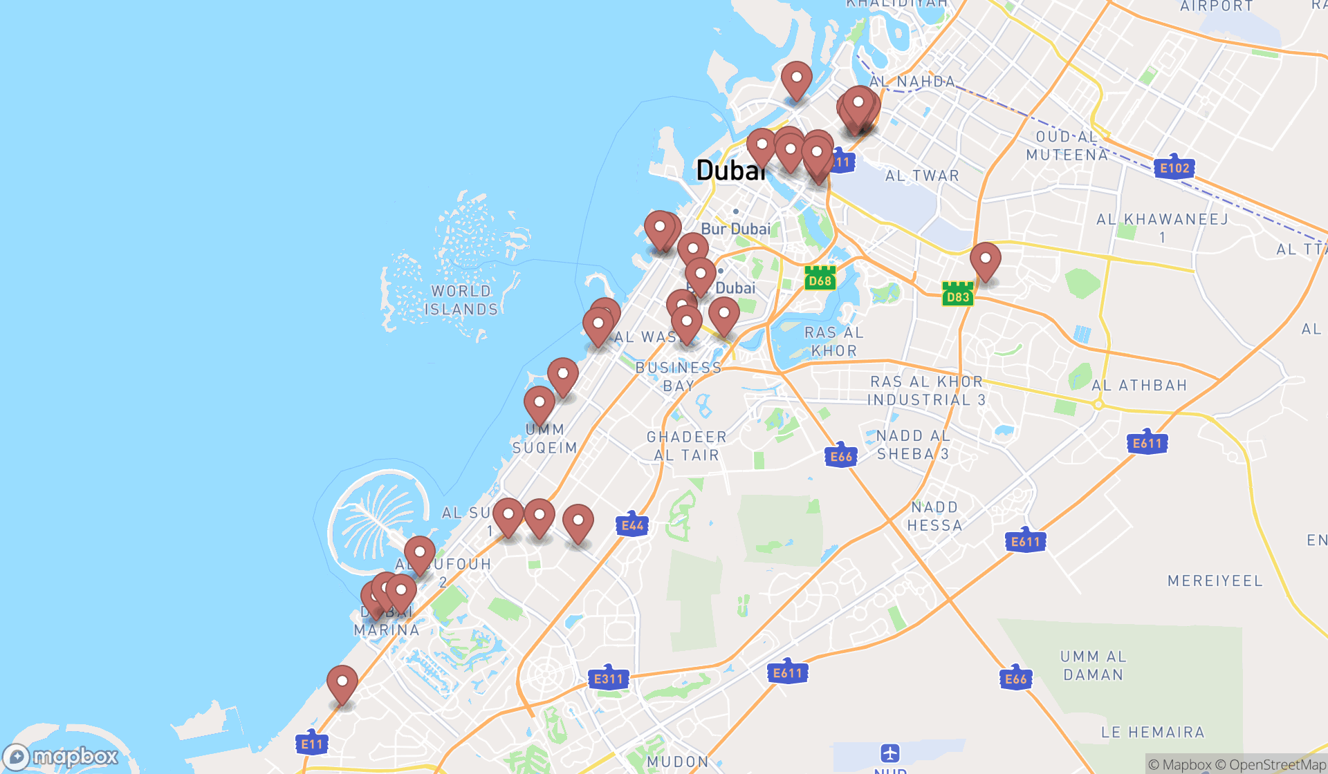Map showing the search results in Dubai
