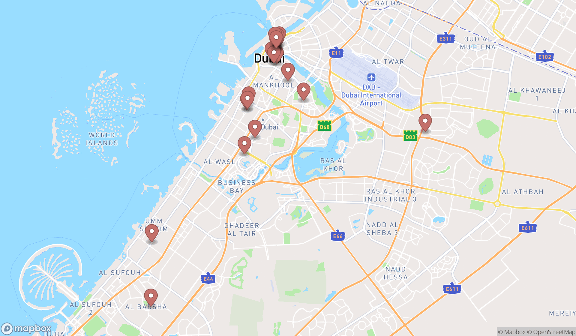 Map showing the search results in Dubai