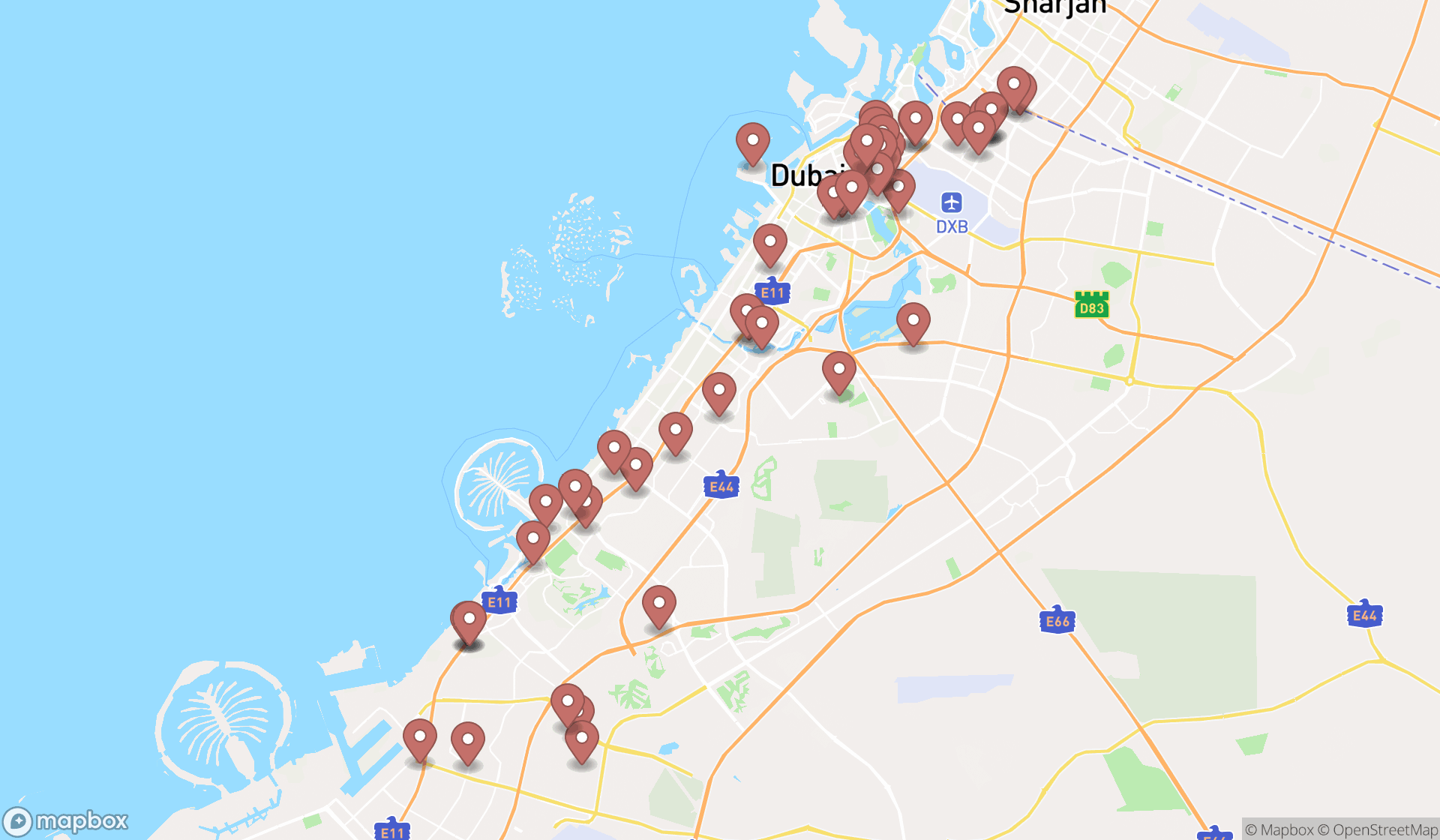 Map showing the search results in Dubai
