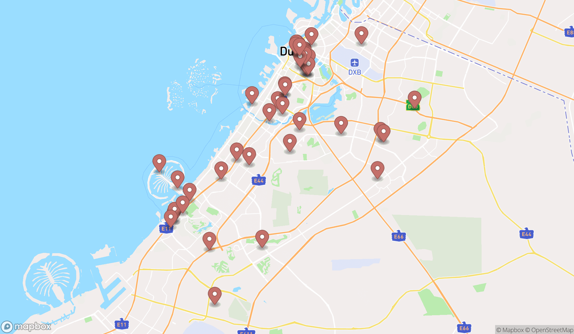 Map showing the search results in Dubai