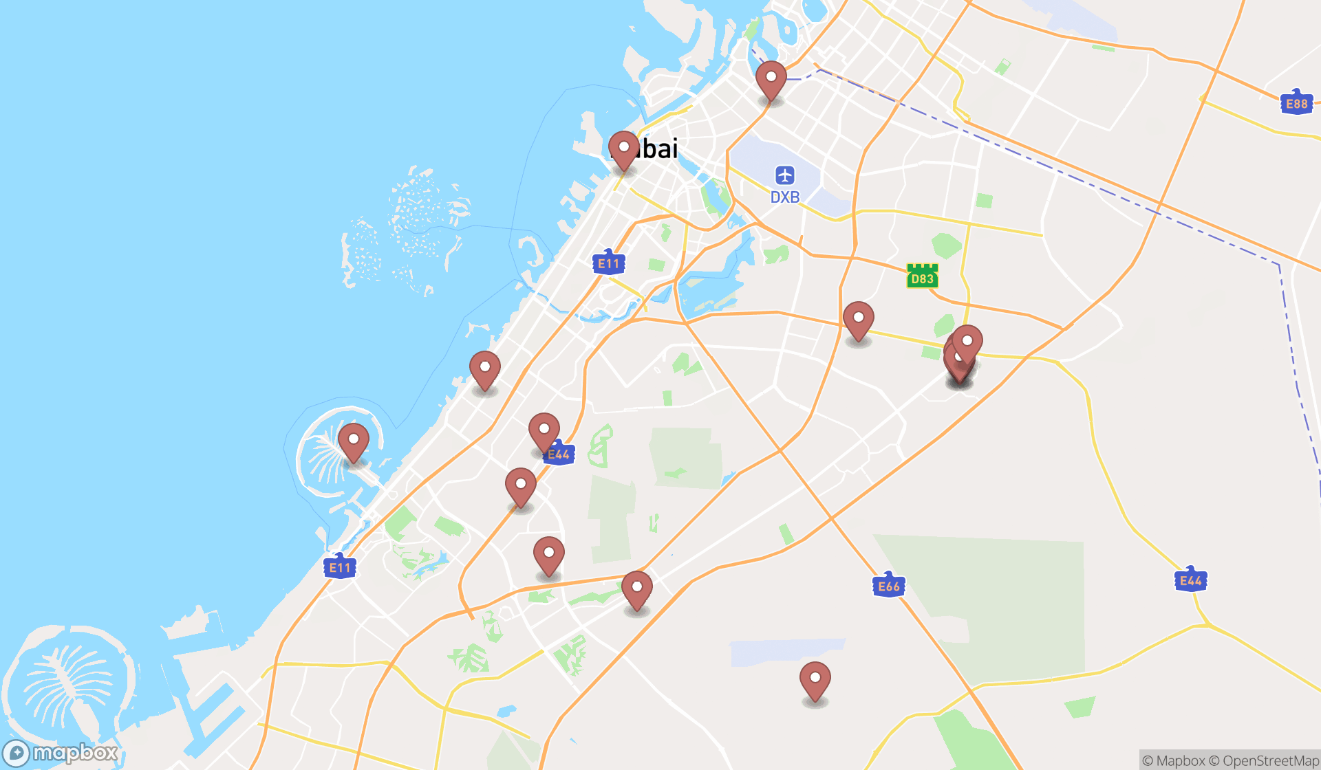 Map showing the search results in Dubai