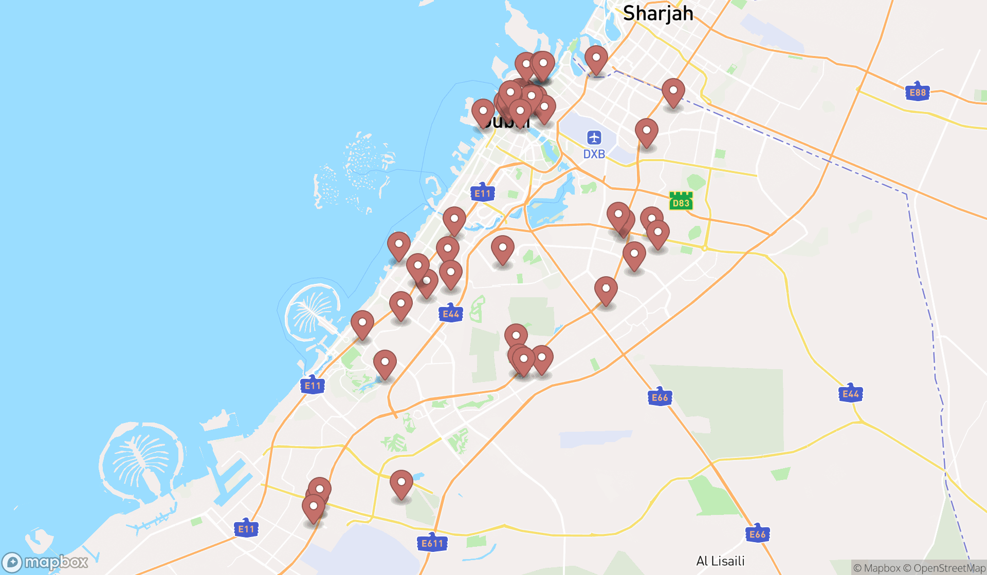Map showing the search results in Dubai