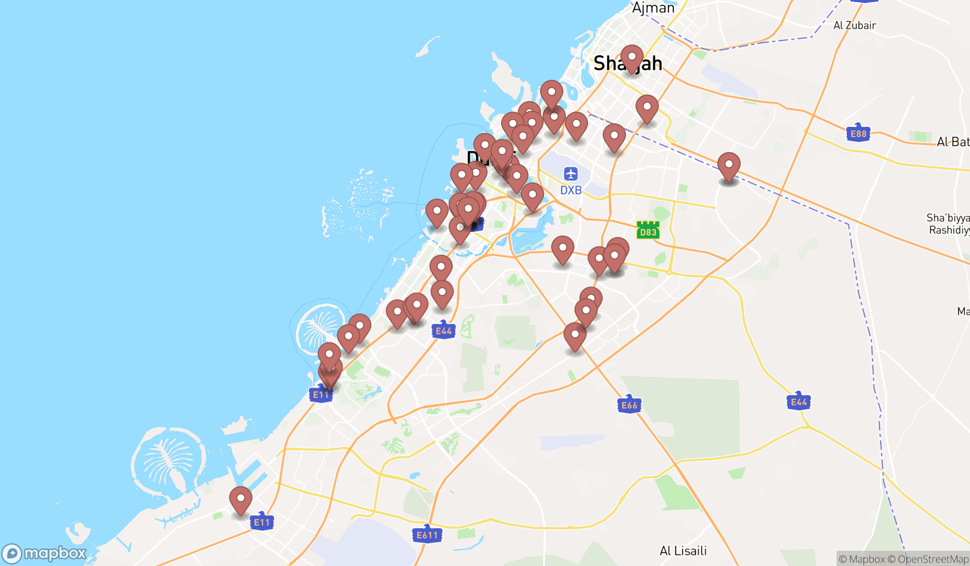 Map showing the search results in Dubai