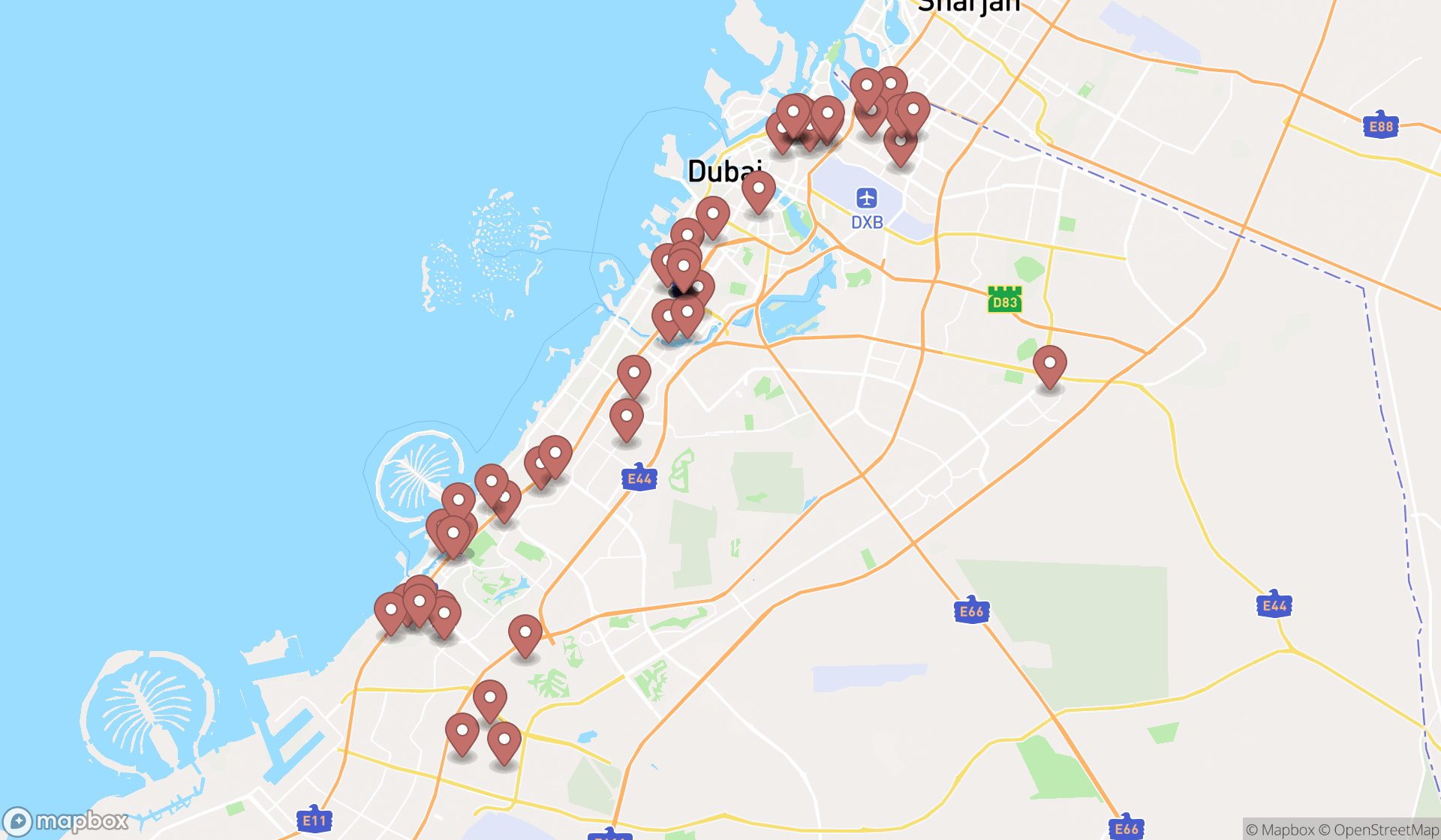 Map showing the search results in Dubai