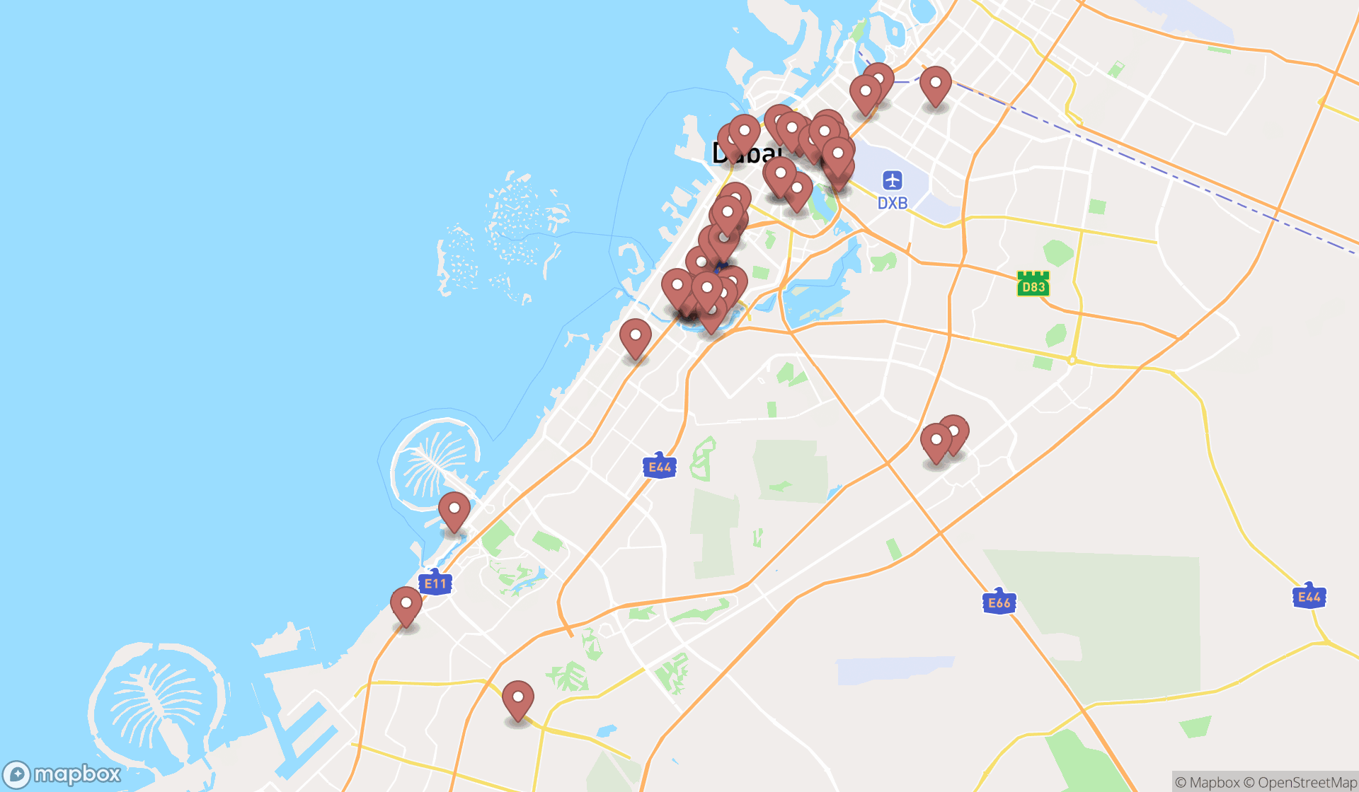 Map showing the search results in Dubai