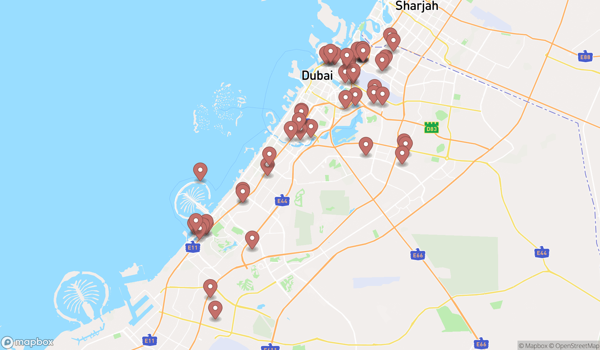 Map showing the search results in Dubai